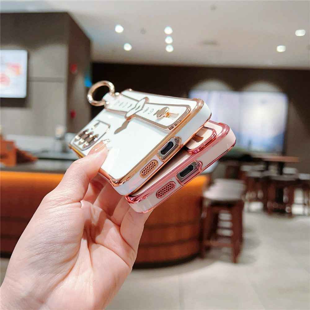 For Samsung Galaxy A57 5G Case Wristband Kickstand Electroplated Love Heart TPU Phone Cover Finger Holder - Brown