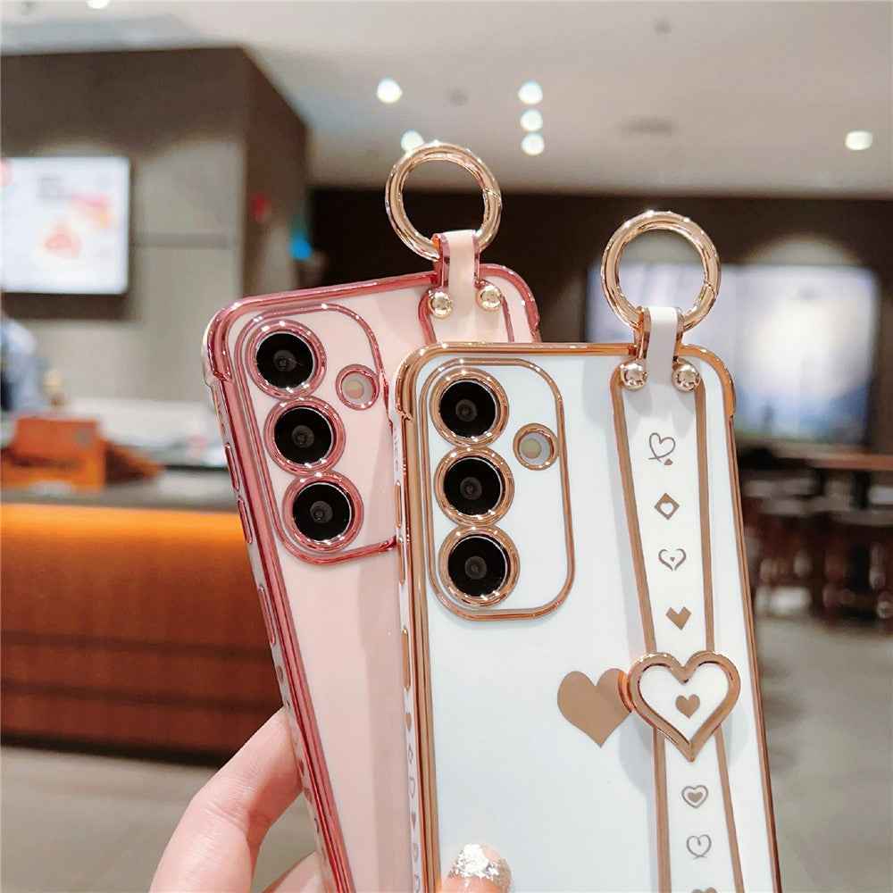 For Samsung Galaxy A57 5G Case Wristband Kickstand Electroplated Love Heart TPU Phone Cover Finger Holder - Brown