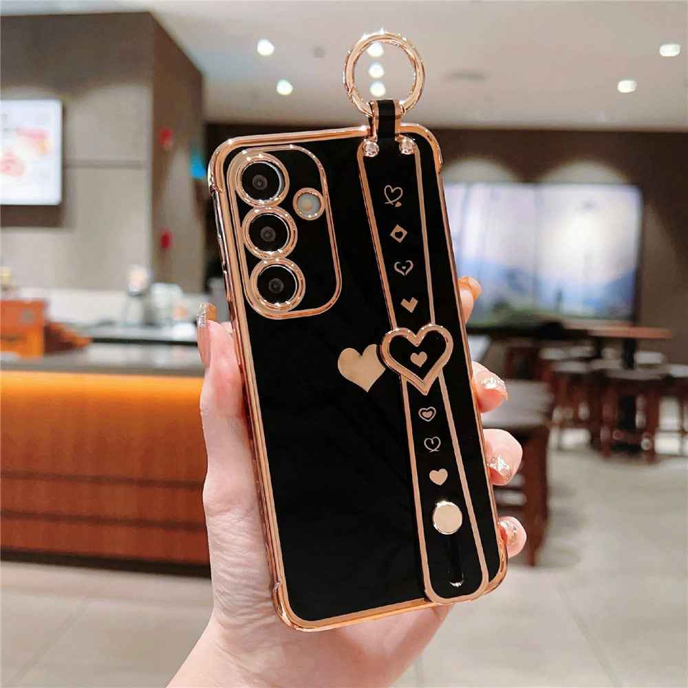 For Samsung Galaxy A57 5G Case Wristband Kickstand Electroplated Love Heart TPU Phone Cover Finger Holder - Black