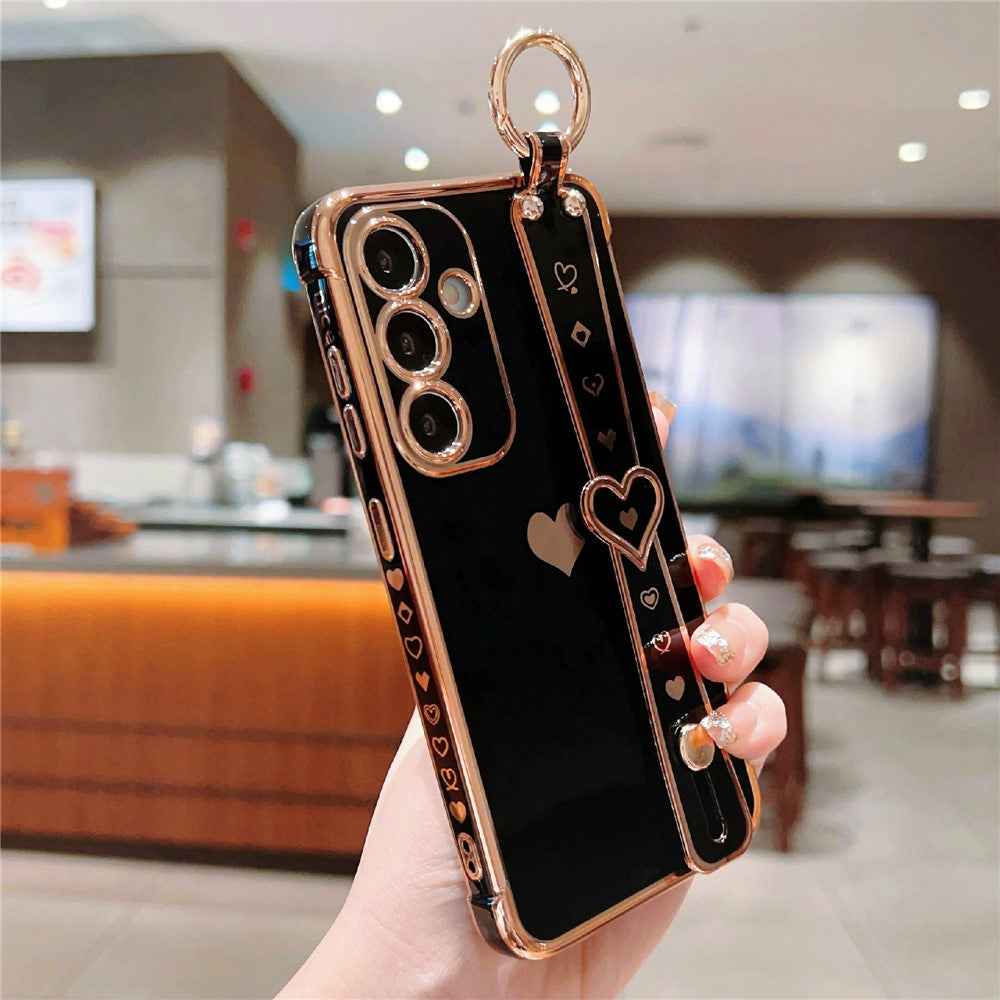 For Samsung Galaxy A57 5G Case Wristband Kickstand Electroplated Love Heart TPU Phone Cover Finger Holder - Black
