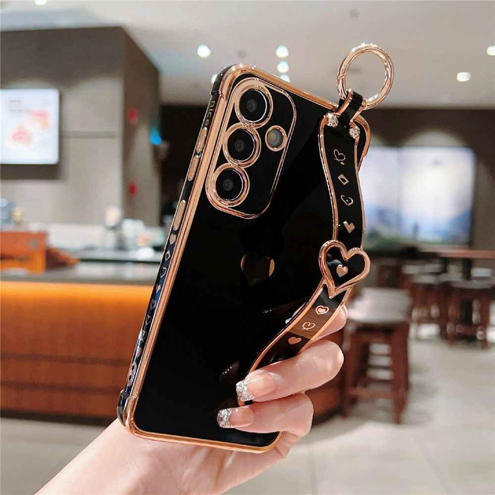 For Samsung Galaxy A57 5G Case Wristband Kickstand Electroplated Love Heart TPU Phone Cover Finger Holder - Black