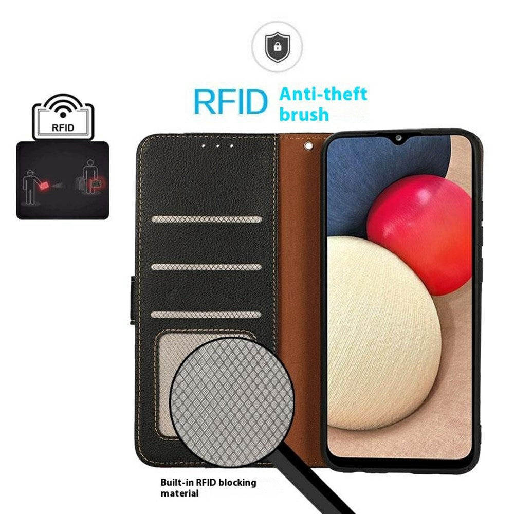 KHAZNEH For Xiaomi Redmi Note 15 Pro 4G (Global) Case RFID Blocking Wallet Litchi Texture PU Leather Phone Cover with Strap - Black