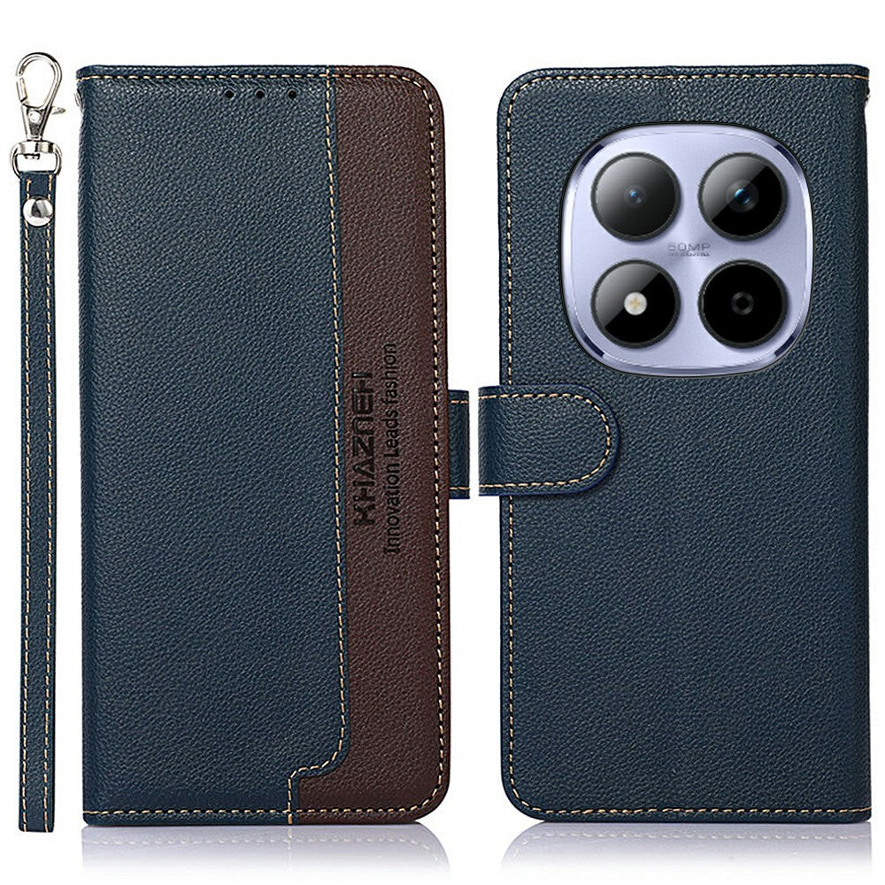 KHAZNEH For Xiaomi Redmi Note 15 Pro 4G (Global) Case RFID Blocking Wallet Litchi Texture PU Leather Phone Cover with Strap - Blue