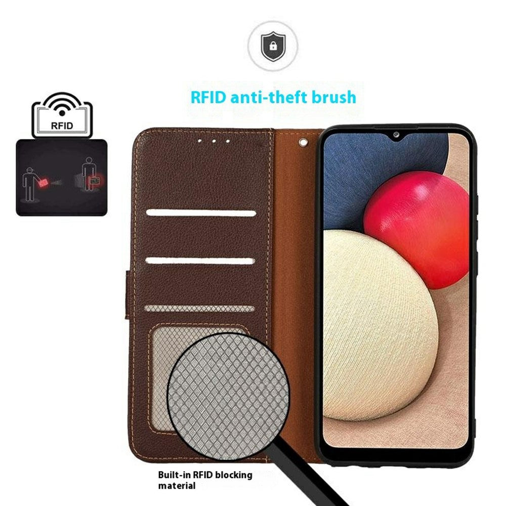 KHAZNEH For Xiaomi Redmi Note 15 Pro 4G (Global) Case RFID Blocking Wallet Litchi Texture PU Leather Phone Cover with Strap - Brown