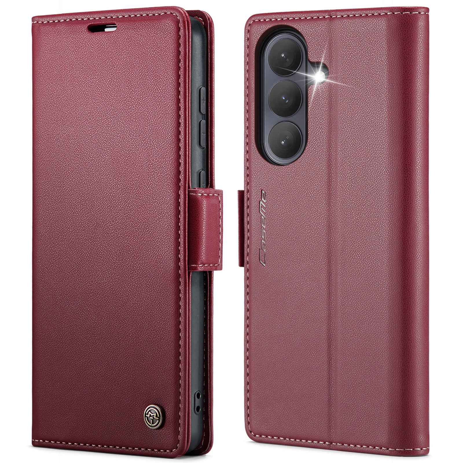 For Samsung Galaxy A57 5G Case CASEME 023 Series RFID Blocking Wallet Stand Glossy Litchi Texture Leather Phone Cover - Red