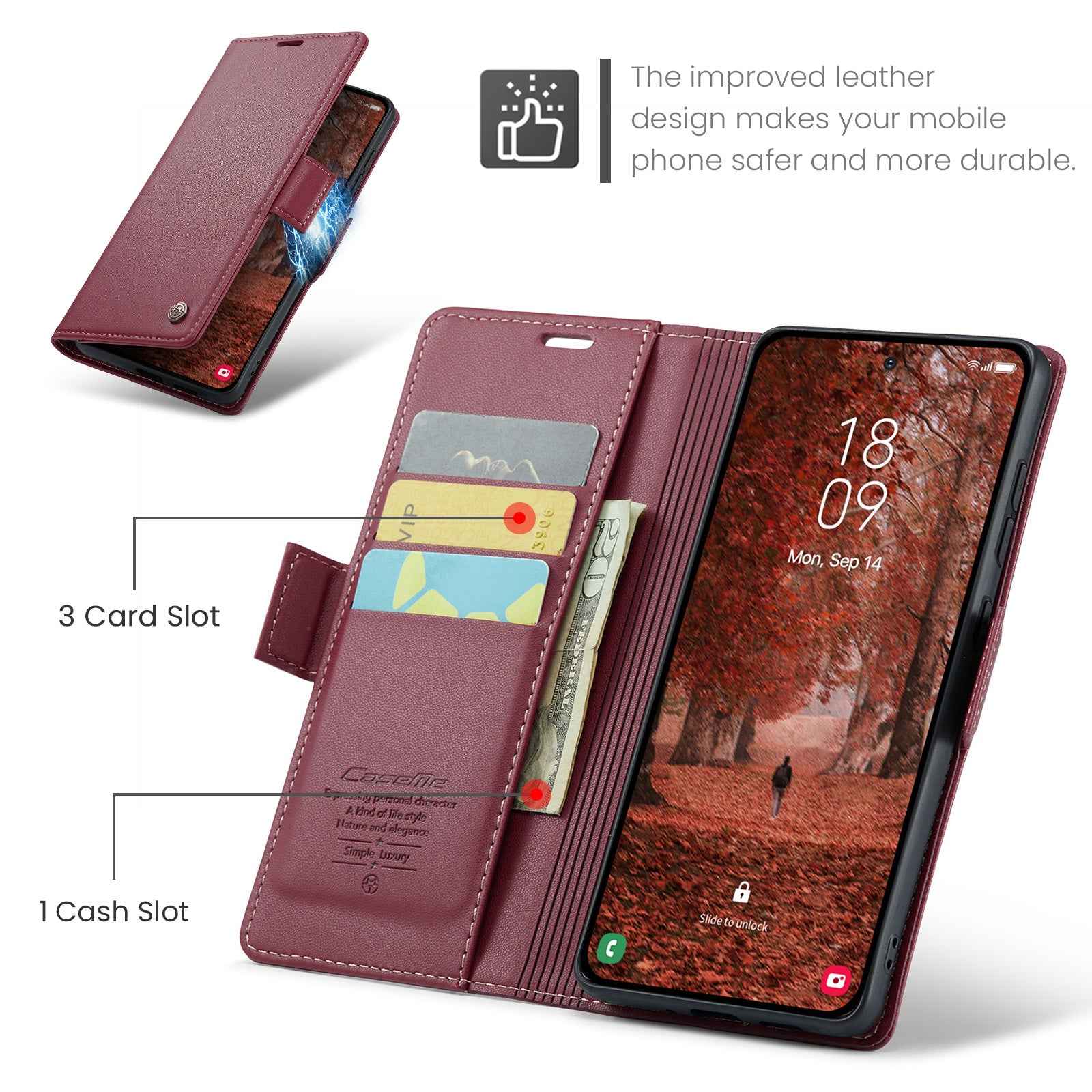 For Samsung Galaxy A57 5G Case CASEME 023 Series RFID Blocking Wallet Stand Glossy Litchi Texture Leather Phone Cover - Red