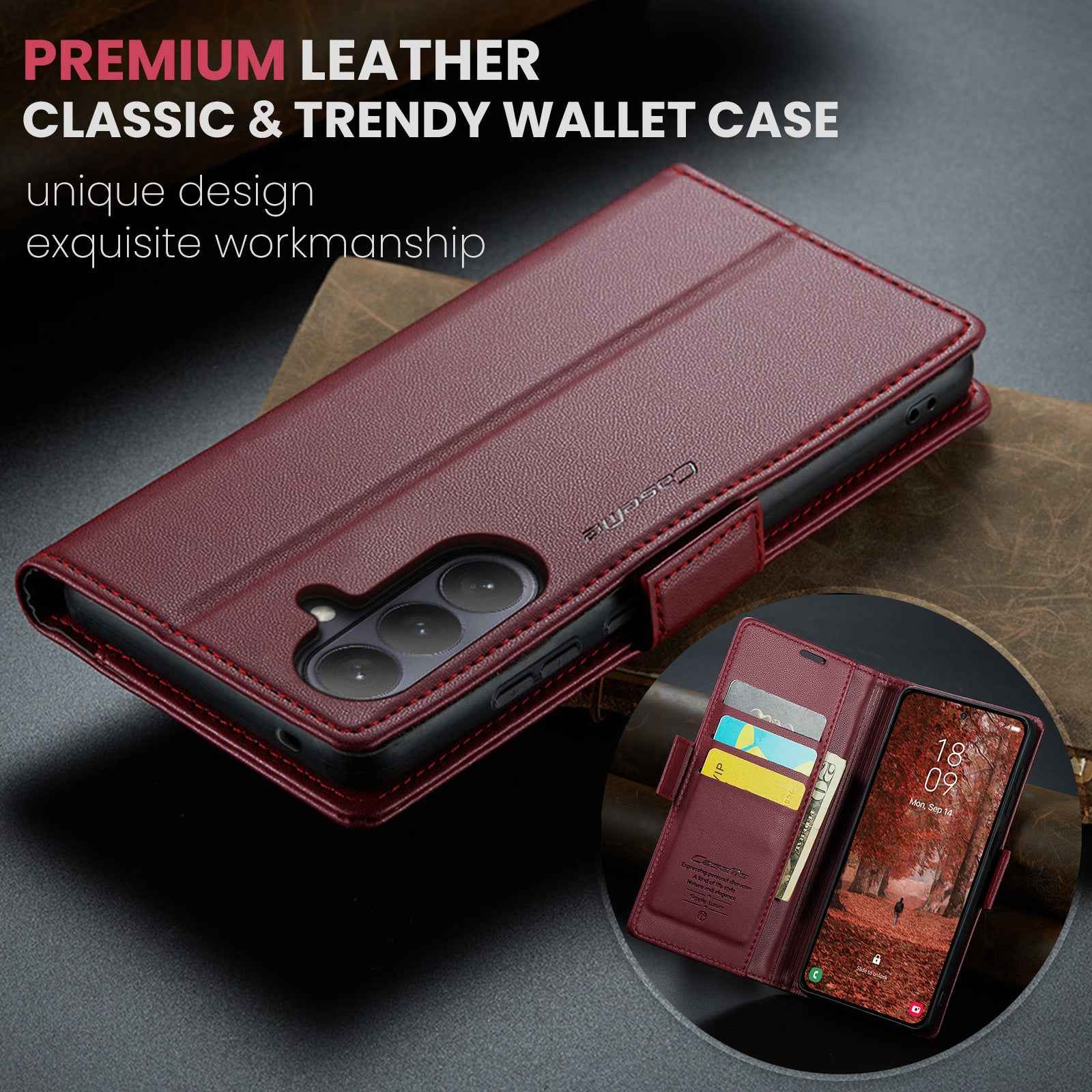 For Samsung Galaxy A57 5G Case CASEME 023 Series RFID Blocking Wallet Stand Glossy Litchi Texture Leather Phone Cover - Red