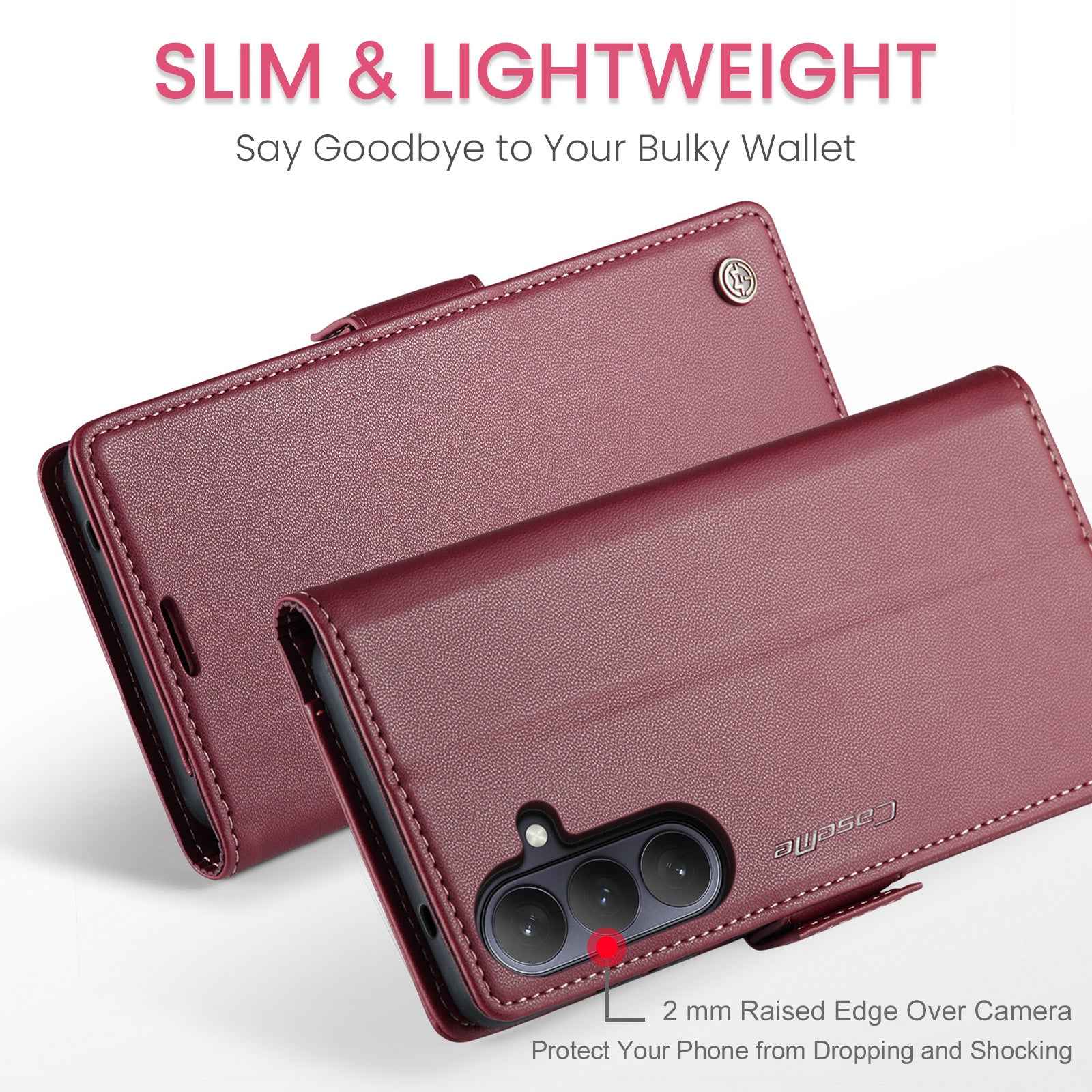 For Samsung Galaxy A57 5G Case CASEME 023 Series RFID Blocking Wallet Stand Glossy Litchi Texture Leather Phone Cover - Red
