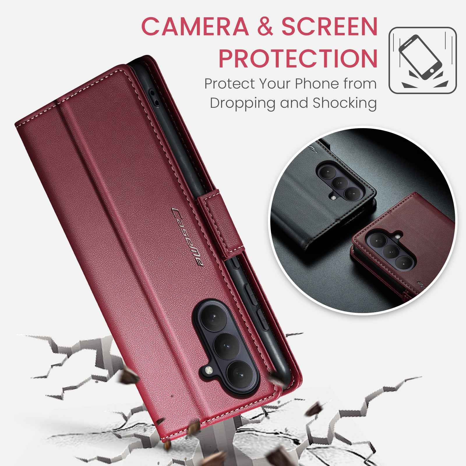 For Samsung Galaxy A57 5G Case CASEME 023 Series RFID Blocking Wallet Stand Glossy Litchi Texture Leather Phone Cover - Red