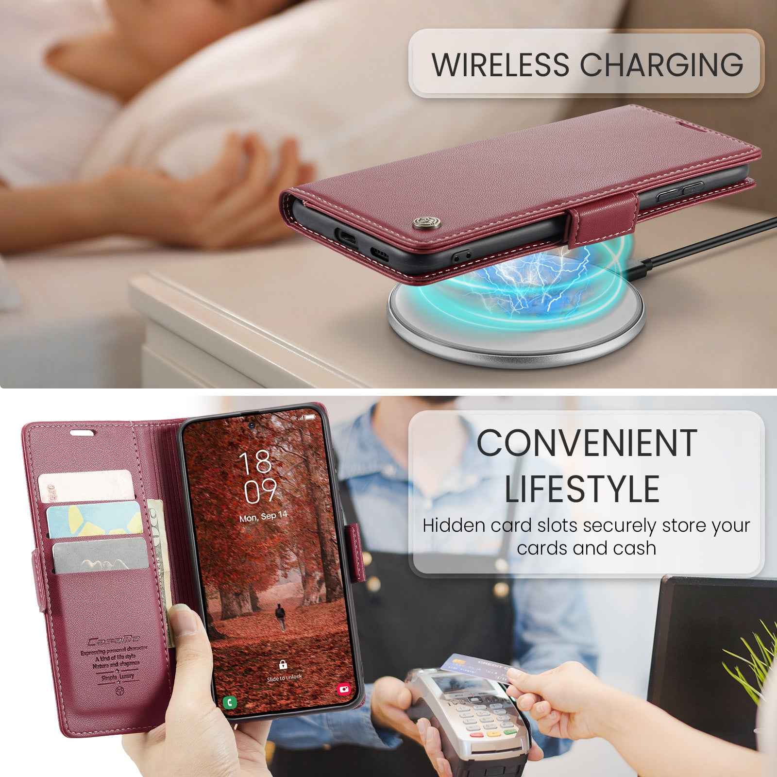 For Samsung Galaxy A57 5G Case CASEME 023 Series RFID Blocking Wallet Stand Glossy Litchi Texture Leather Phone Cover - Red