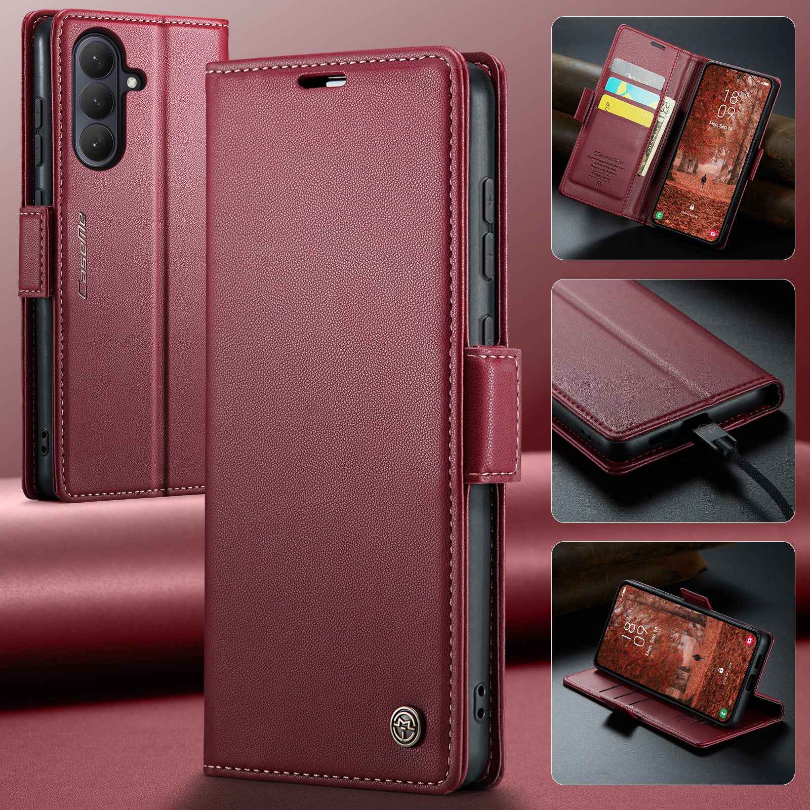 For Samsung Galaxy A57 5G Case CASEME 023 Series RFID Blocking Wallet Stand Glossy Litchi Texture Leather Phone Cover - Red