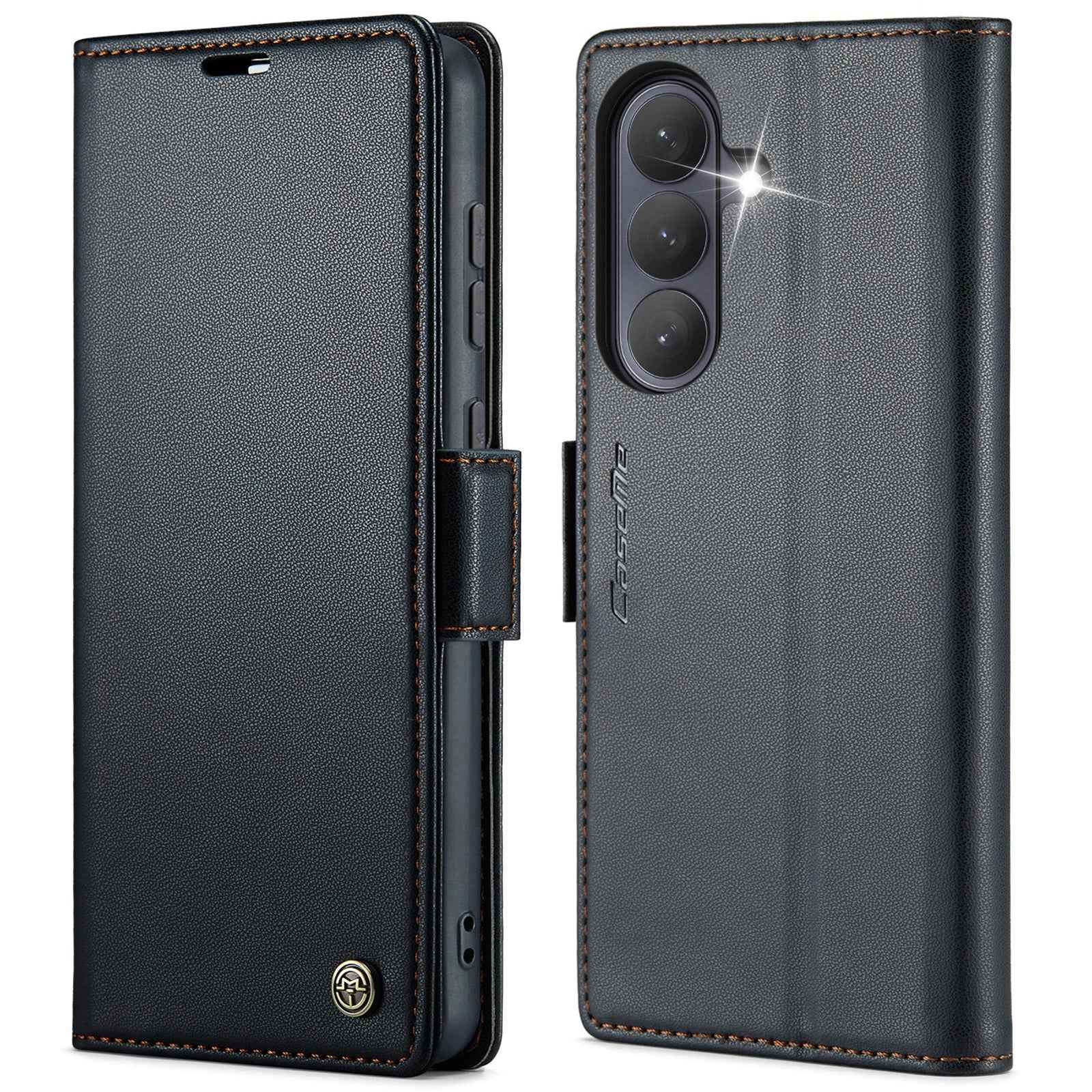 For Samsung Galaxy A57 5G Case CASEME 023 Series RFID Blocking Wallet Stand Glossy Litchi Texture Leather Phone Cover - Black