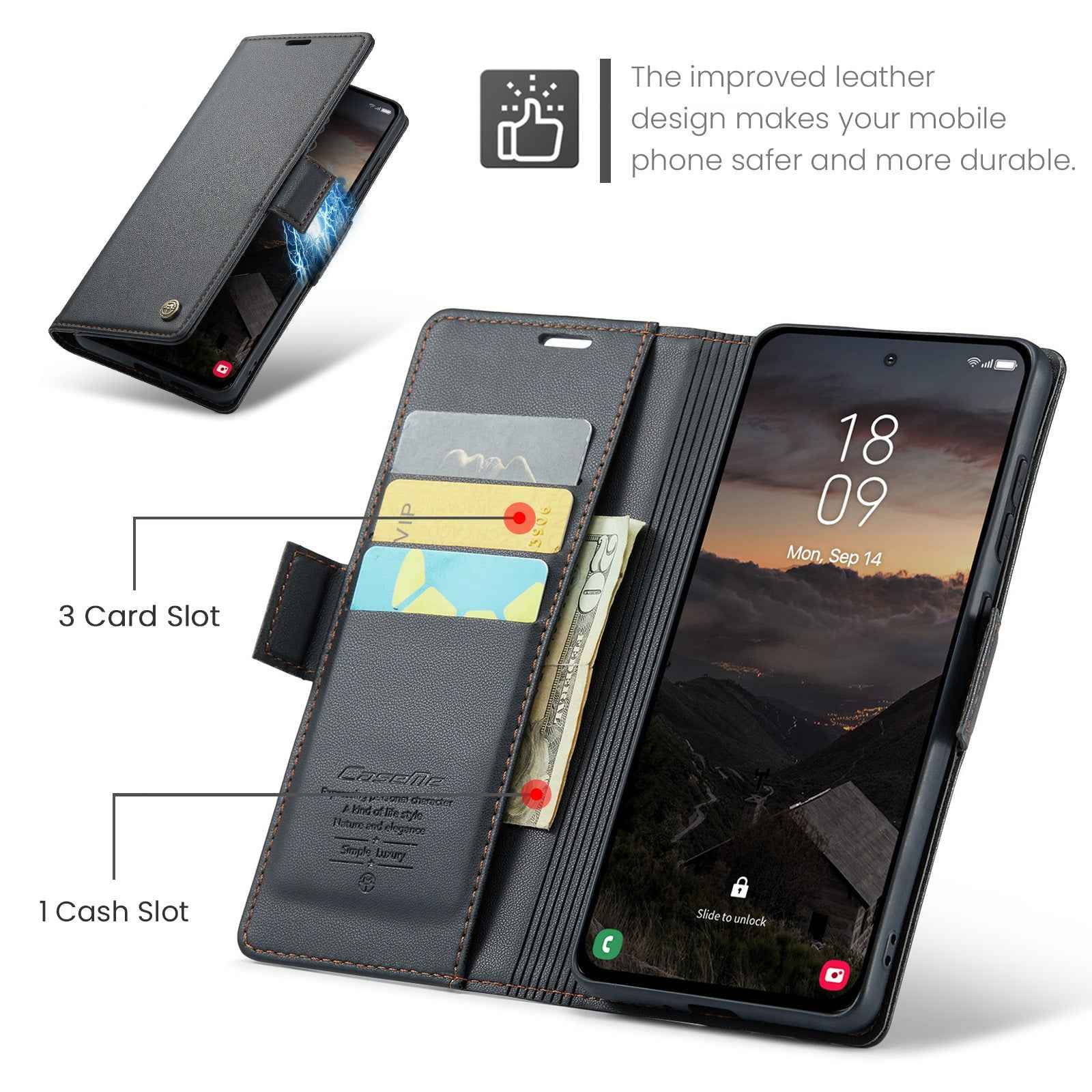 For Samsung Galaxy A57 5G Case CASEME 023 Series RFID Blocking Wallet Stand Glossy Litchi Texture Leather Phone Cover - Black