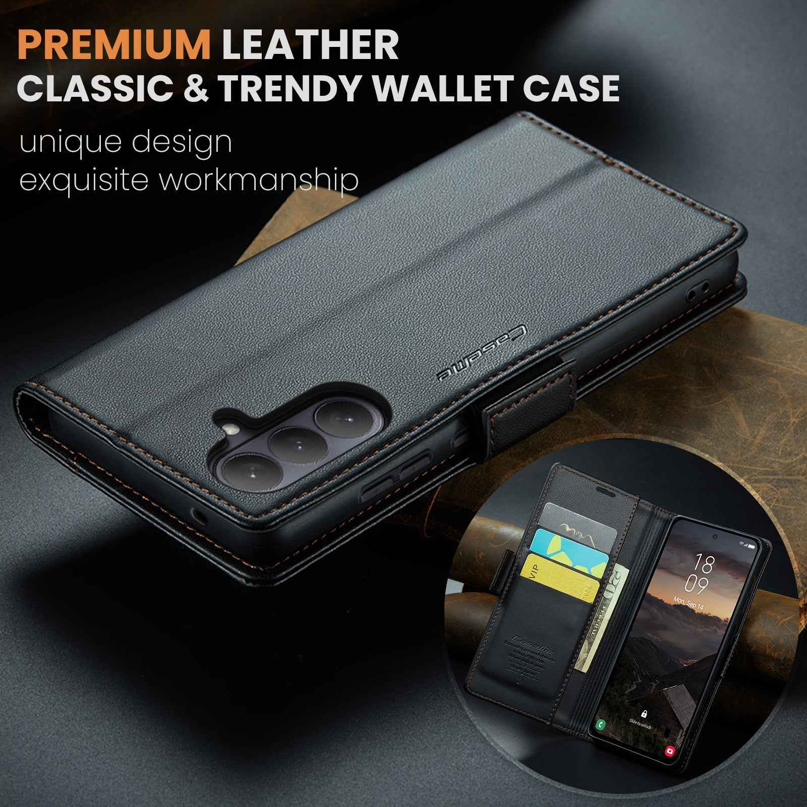 For Samsung Galaxy A57 5G Case CASEME 023 Series RFID Blocking Wallet Stand Glossy Litchi Texture Leather Phone Cover - Black