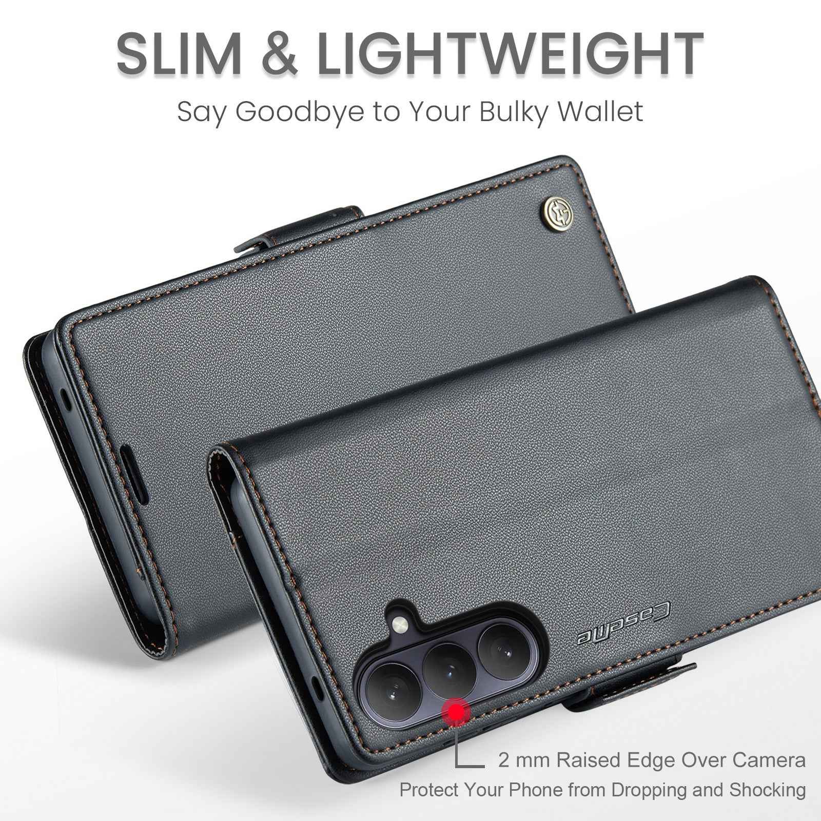 For Samsung Galaxy A57 5G Case CASEME 023 Series RFID Blocking Wallet Stand Glossy Litchi Texture Leather Phone Cover - Black