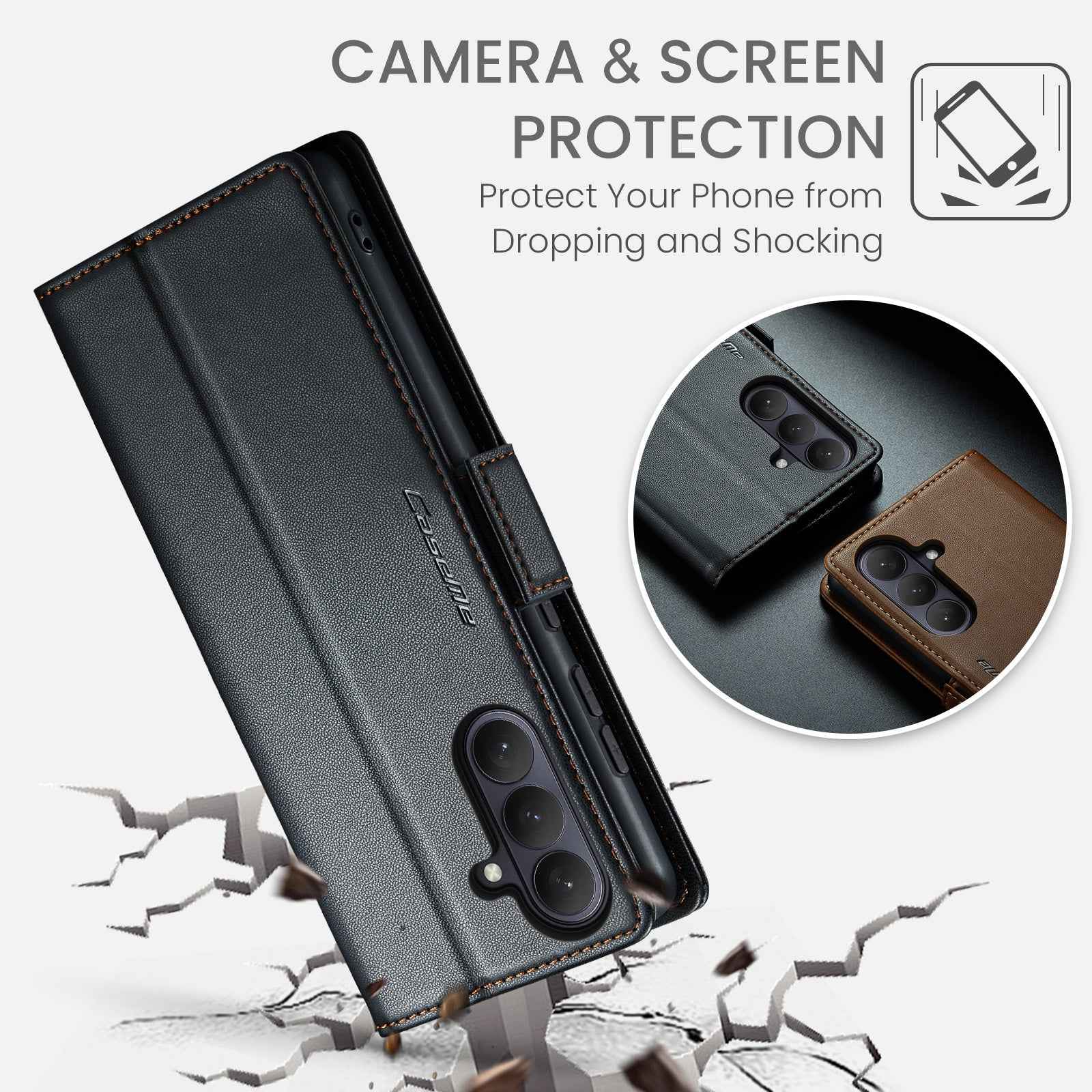 For Samsung Galaxy A57 5G Case CASEME 023 Series RFID Blocking Wallet Stand Glossy Litchi Texture Leather Phone Cover - Black