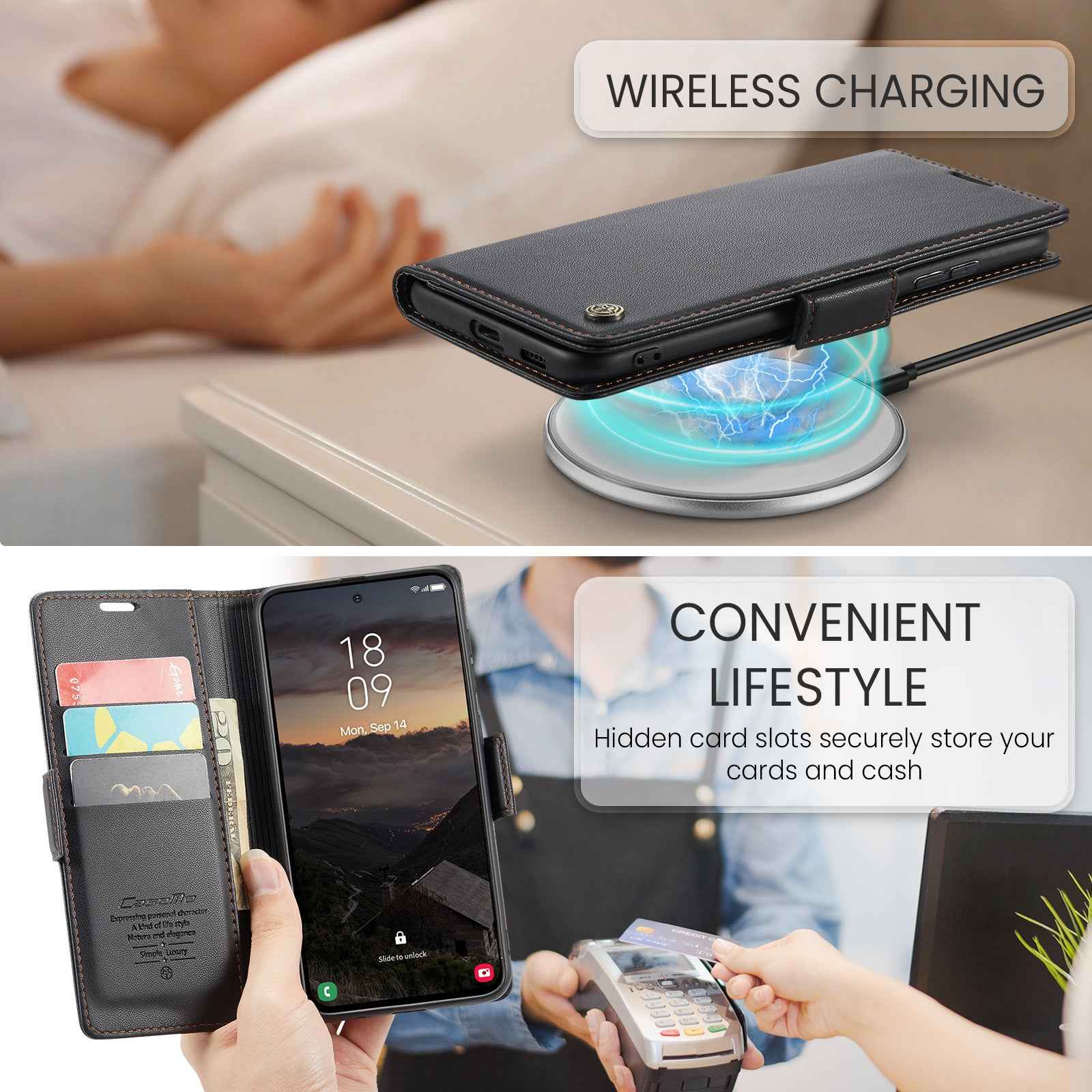 For Samsung Galaxy A57 5G Case CASEME 023 Series RFID Blocking Wallet Stand Glossy Litchi Texture Leather Phone Cover - Black