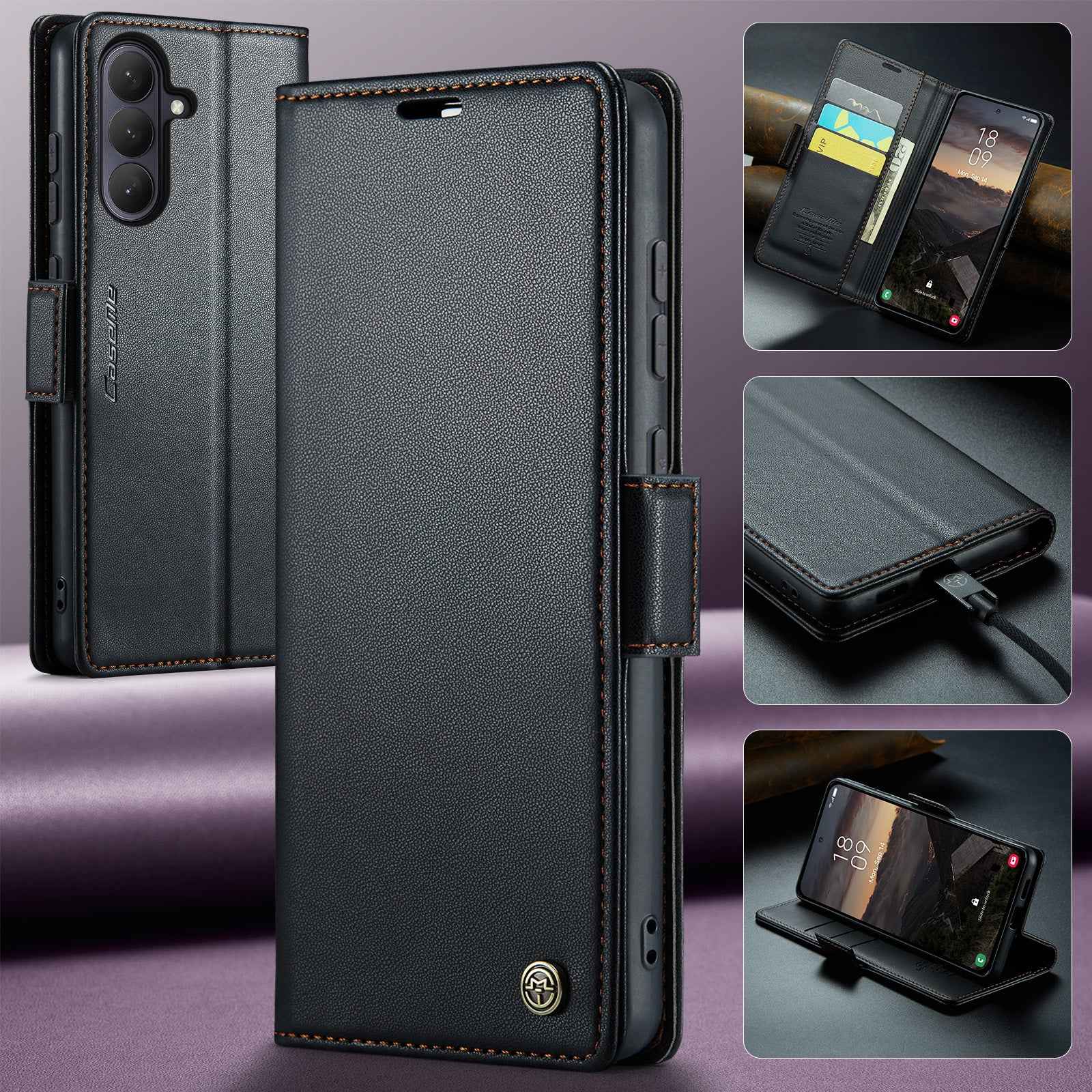 For Samsung Galaxy A57 5G Case CASEME 023 Series RFID Blocking Wallet Stand Glossy Litchi Texture Leather Phone Cover - Black