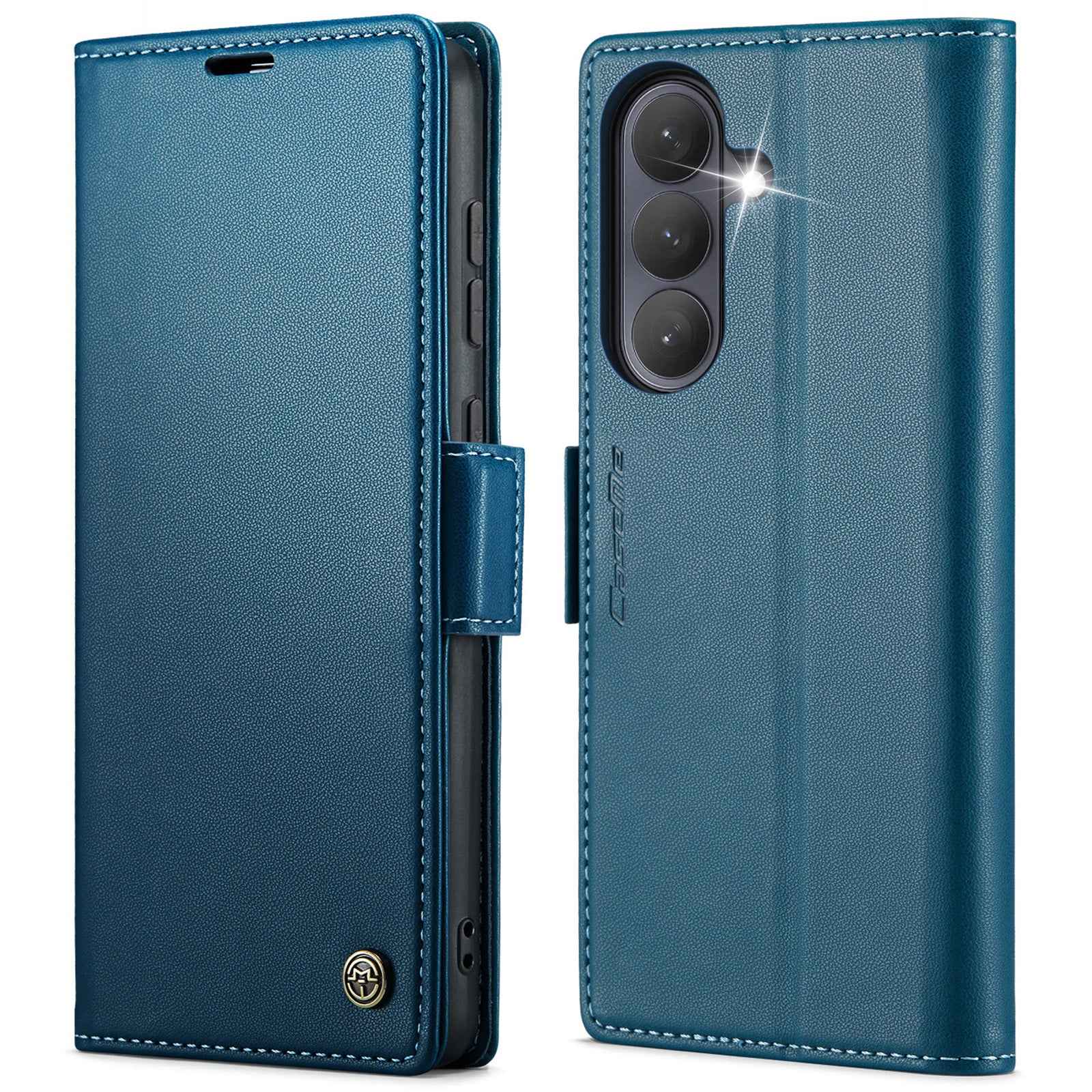 For Samsung Galaxy A57 5G Case CASEME 023 Series RFID Blocking Wallet Stand Glossy Litchi Texture Leather Phone Cover - Blue