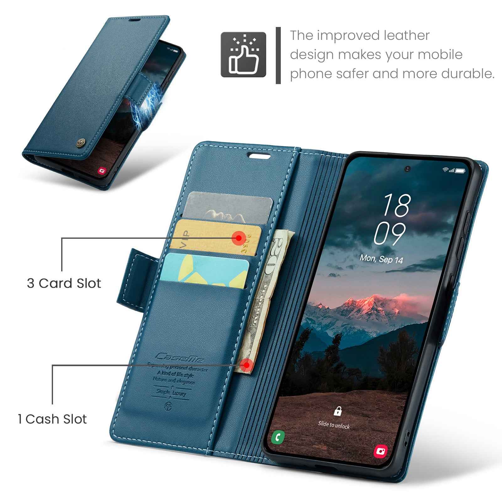 For Samsung Galaxy A57 5G Case CASEME 023 Series RFID Blocking Wallet Stand Glossy Litchi Texture Leather Phone Cover - Blue