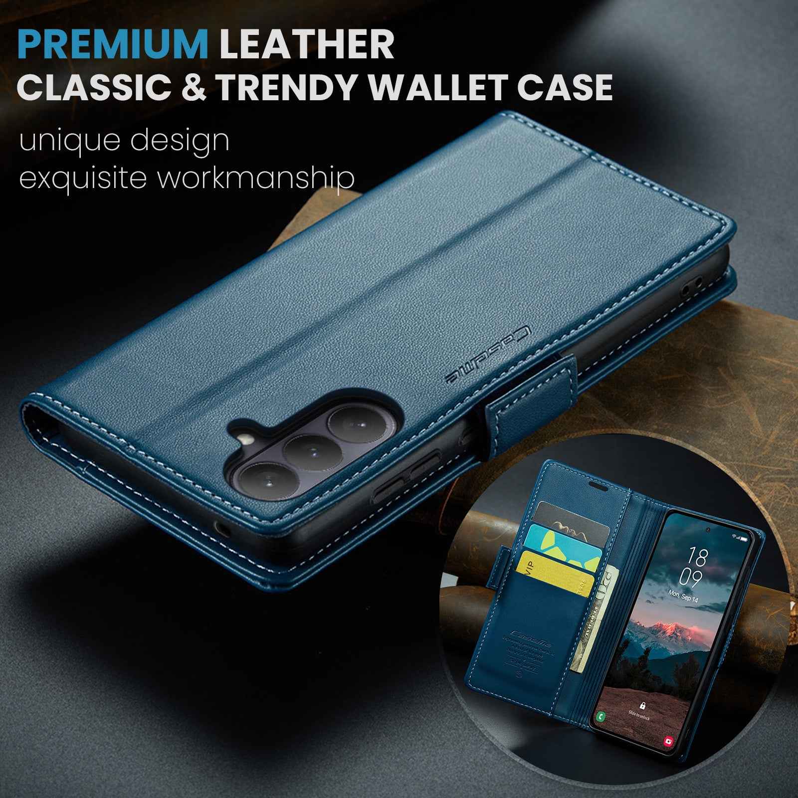 For Samsung Galaxy A57 5G Case CASEME 023 Series RFID Blocking Wallet Stand Glossy Litchi Texture Leather Phone Cover - Blue
