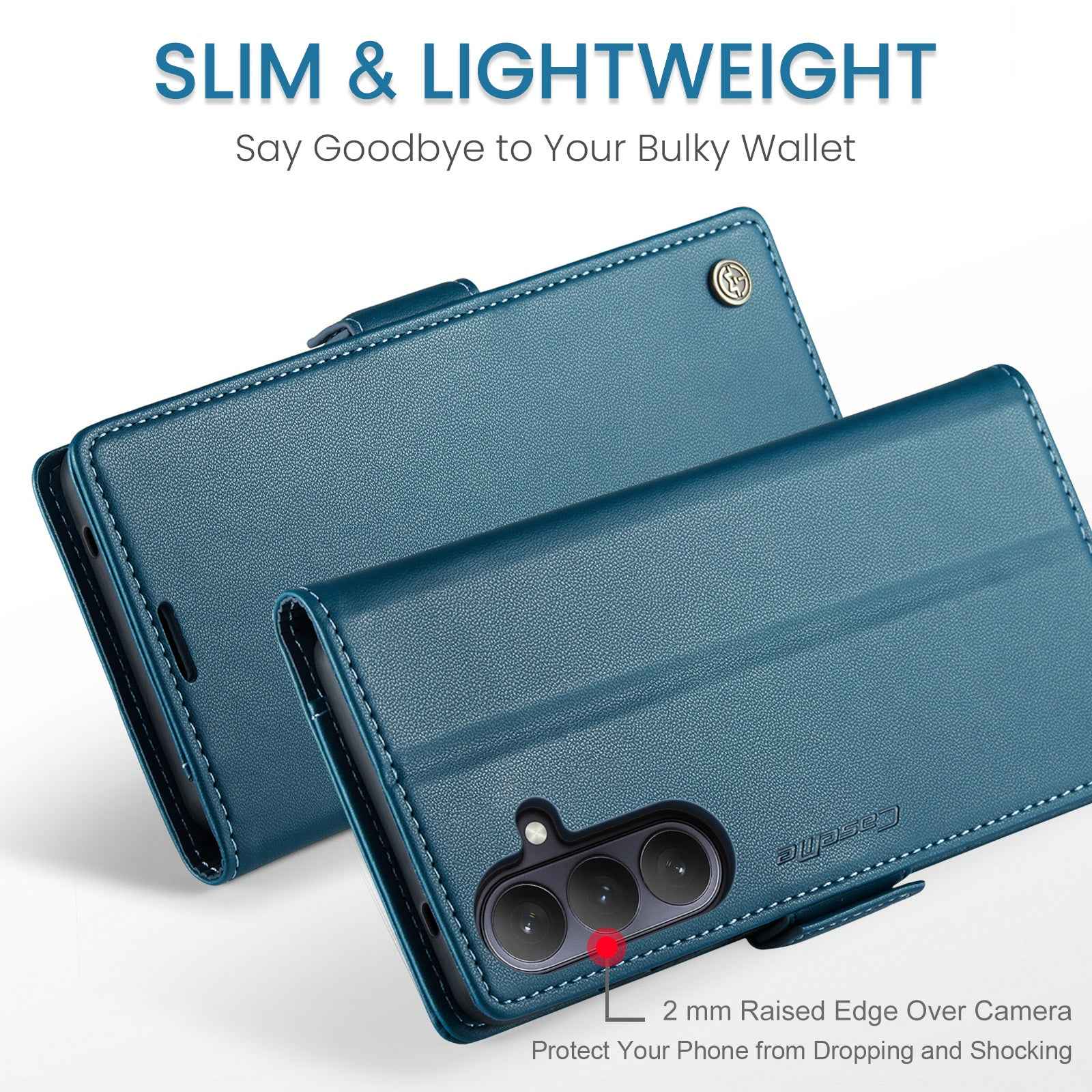 For Samsung Galaxy A57 5G Case CASEME 023 Series RFID Blocking Wallet Stand Glossy Litchi Texture Leather Phone Cover - Blue