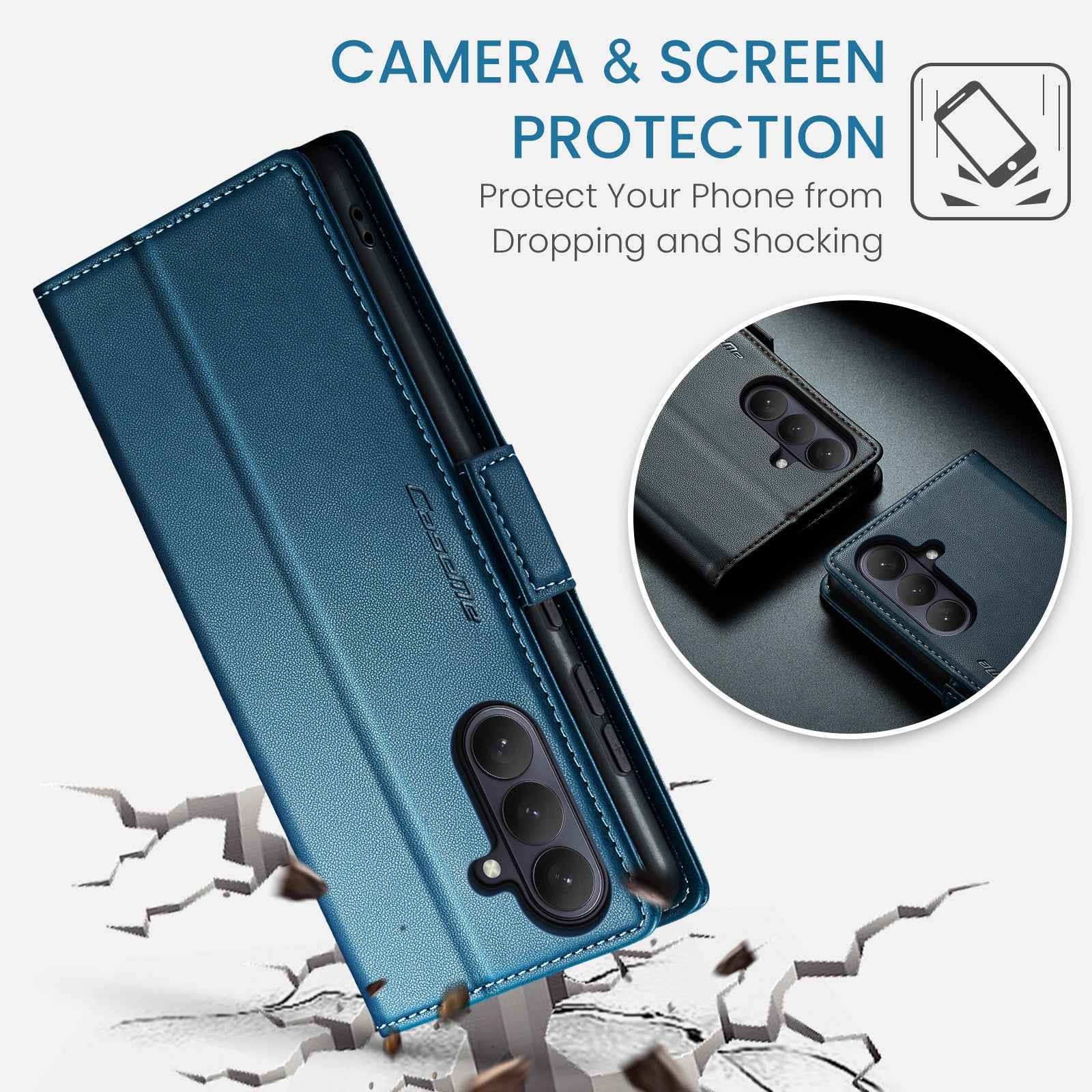 For Samsung Galaxy A57 5G Case CASEME 023 Series RFID Blocking Wallet Stand Glossy Litchi Texture Leather Phone Cover - Blue