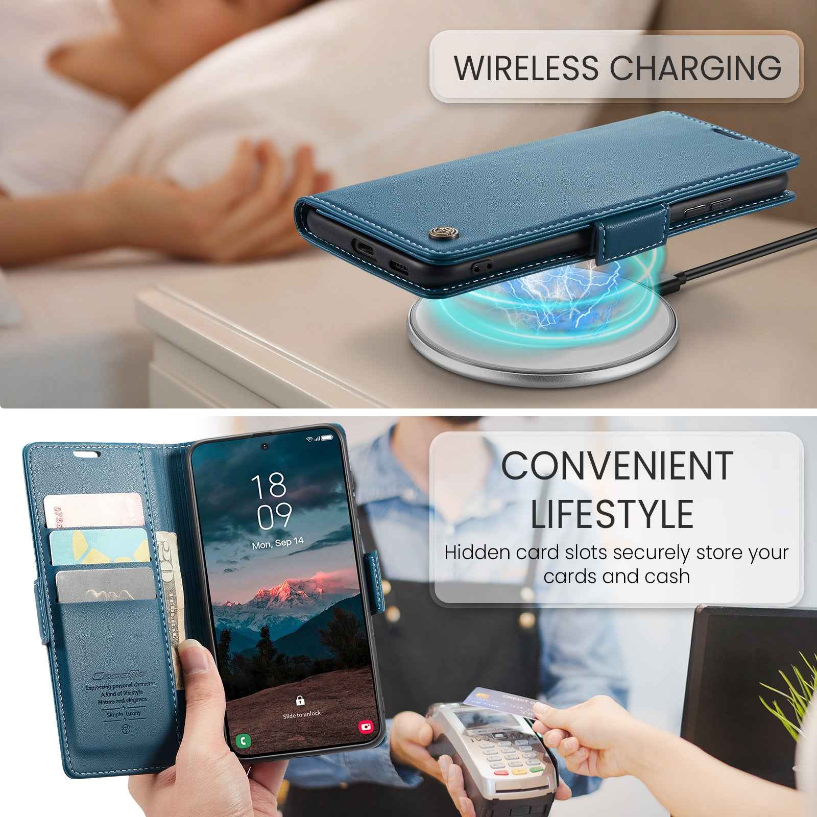 For Samsung Galaxy A57 5G Case CASEME 023 Series RFID Blocking Wallet Stand Glossy Litchi Texture Leather Phone Cover - Blue