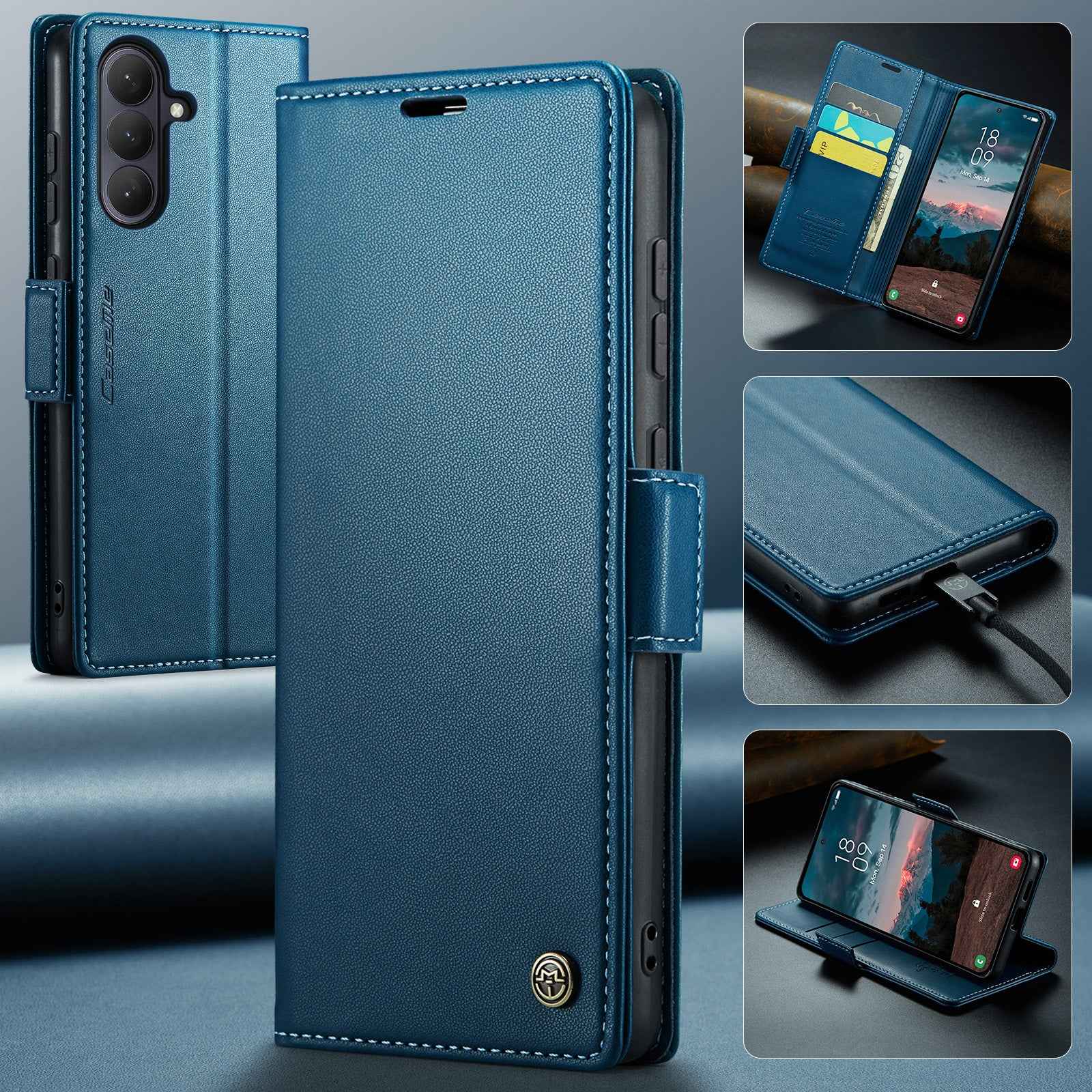 For Samsung Galaxy A57 5G Case CASEME 023 Series RFID Blocking Wallet Stand Glossy Litchi Texture Leather Phone Cover - Blue