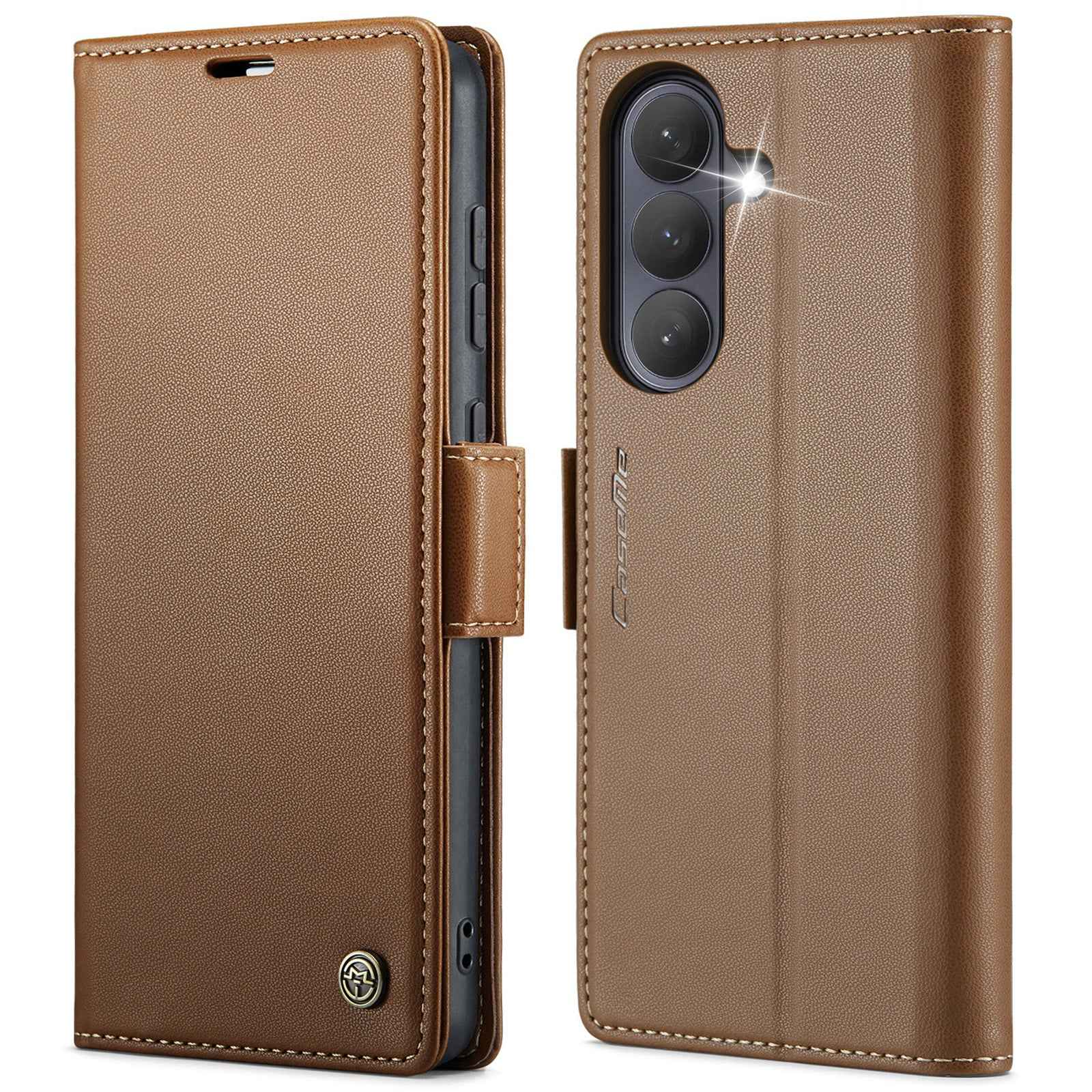 For Samsung Galaxy A57 5G Case CASEME 023 Series RFID Blocking Wallet Stand Glossy Litchi Texture Leather Phone Cover - Brown
