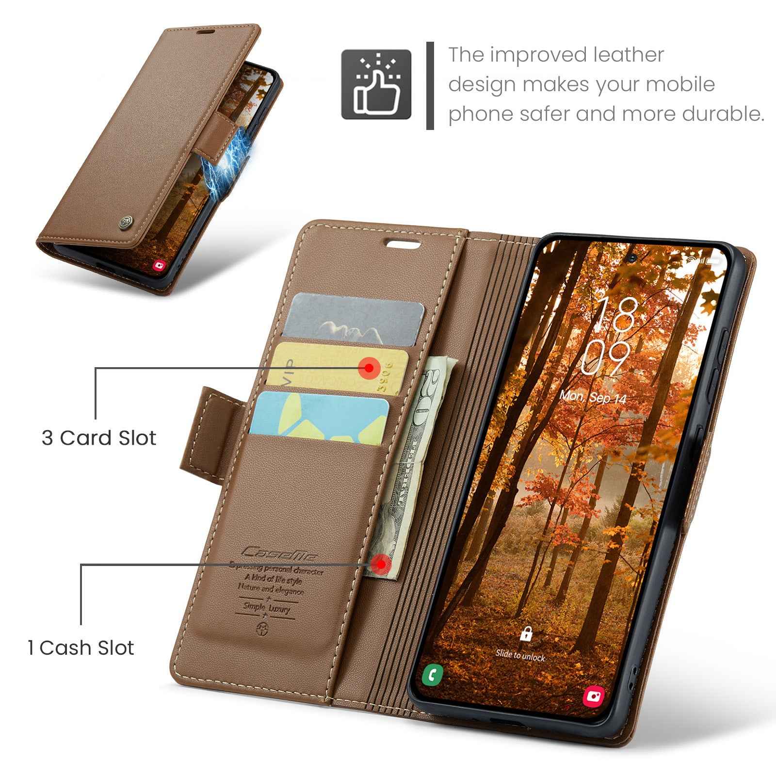 For Samsung Galaxy A57 5G Case CASEME 023 Series RFID Blocking Wallet Stand Glossy Litchi Texture Leather Phone Cover - Brown