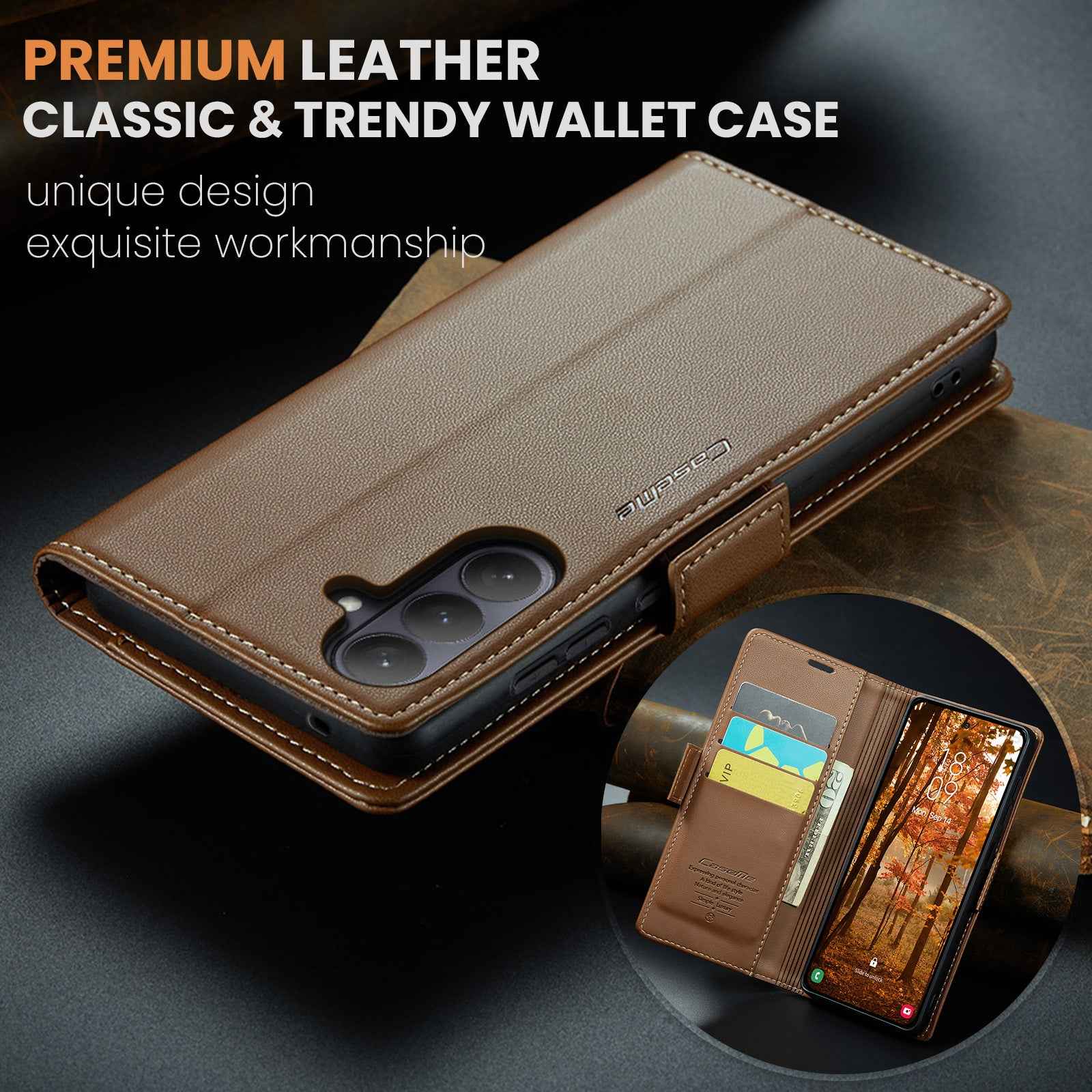 For Samsung Galaxy A57 5G Case CASEME 023 Series RFID Blocking Wallet Stand Glossy Litchi Texture Leather Phone Cover - Brown