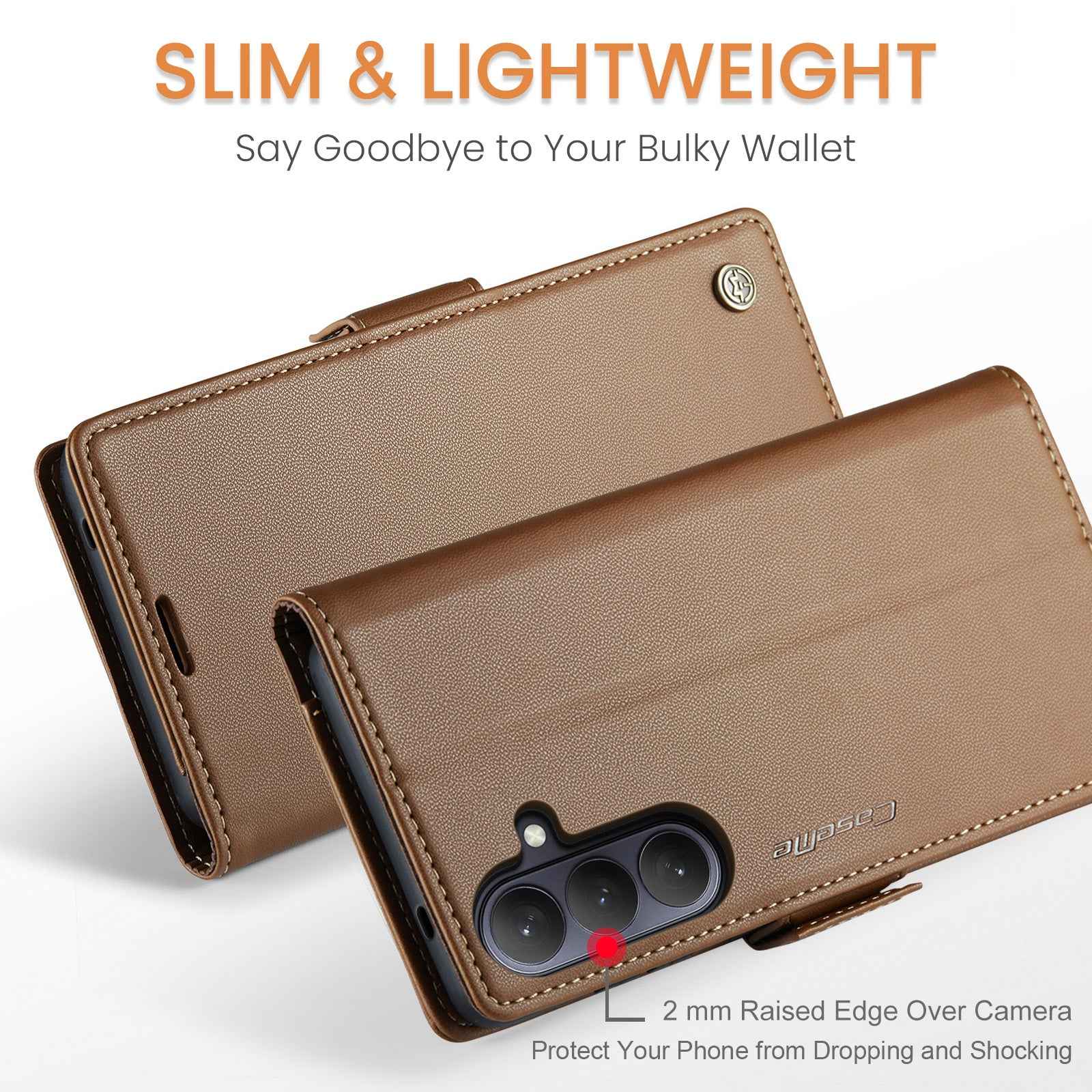 For Samsung Galaxy A57 5G Case CASEME 023 Series RFID Blocking Wallet Stand Glossy Litchi Texture Leather Phone Cover - Brown