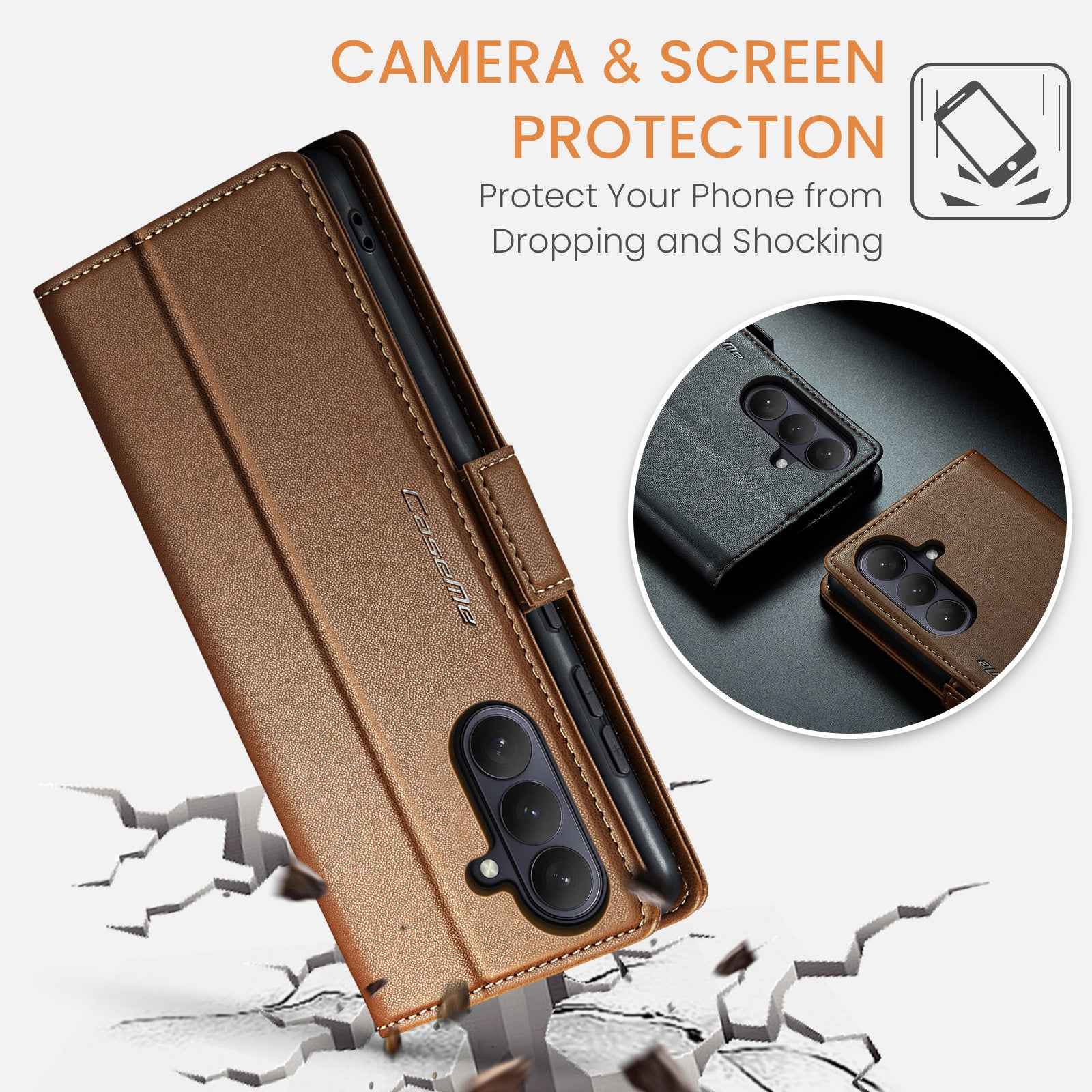 For Samsung Galaxy A57 5G Case CASEME 023 Series RFID Blocking Wallet Stand Glossy Litchi Texture Leather Phone Cover - Brown