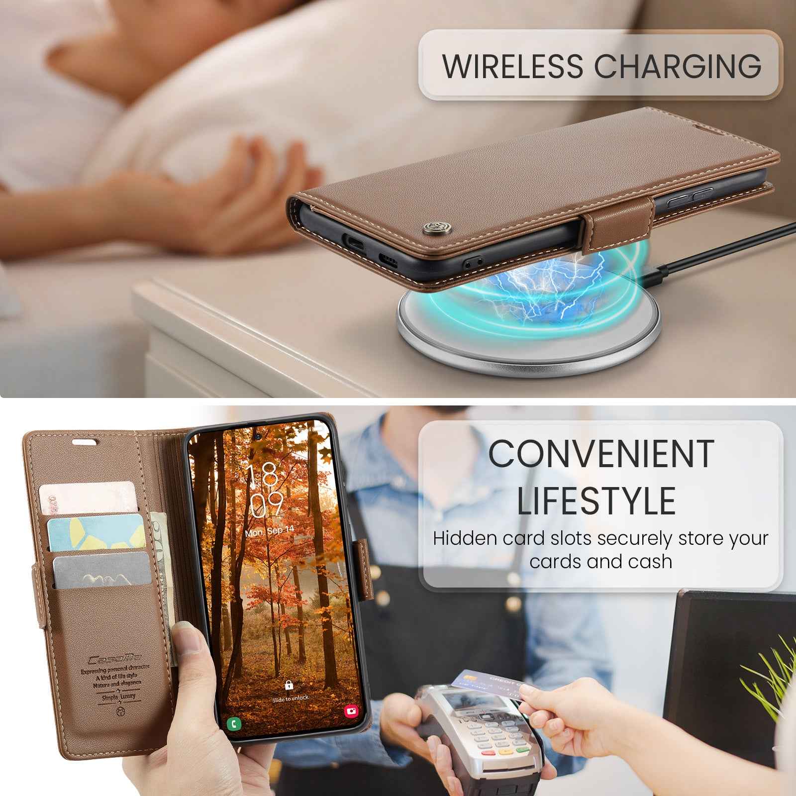 For Samsung Galaxy A57 5G Case CASEME 023 Series RFID Blocking Wallet Stand Glossy Litchi Texture Leather Phone Cover - Brown