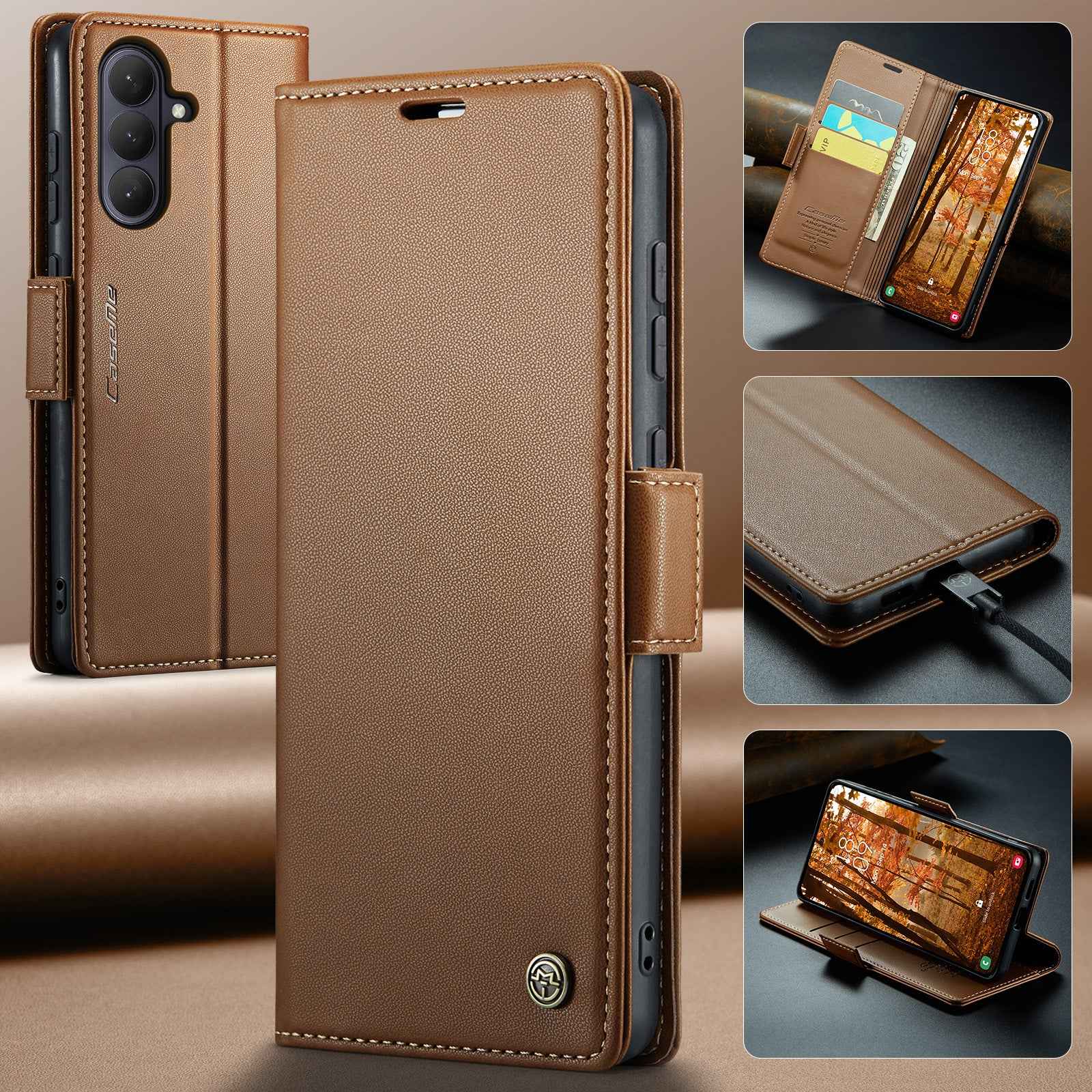 For Samsung Galaxy A57 5G Case CASEME 023 Series RFID Blocking Wallet Stand Glossy Litchi Texture Leather Phone Cover - Brown