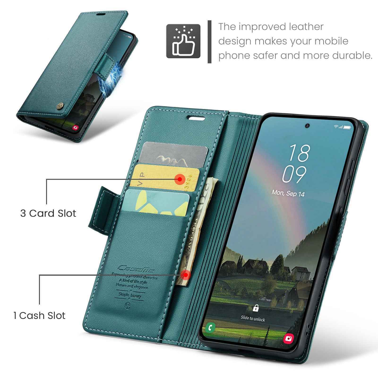 For Samsung Galaxy A57 5G Case CASEME 023 Series RFID Blocking Wallet Stand Glossy Litchi Texture Leather Phone Cover - Green