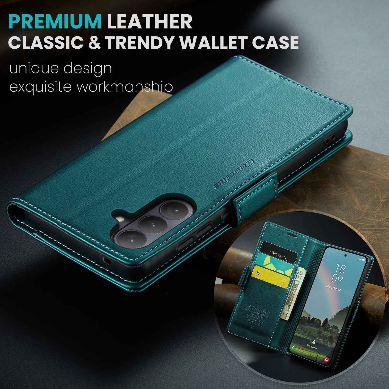 For Samsung Galaxy A57 5G Case CASEME 023 Series RFID Blocking Wallet Stand Glossy Litchi Texture Leather Phone Cover - Green