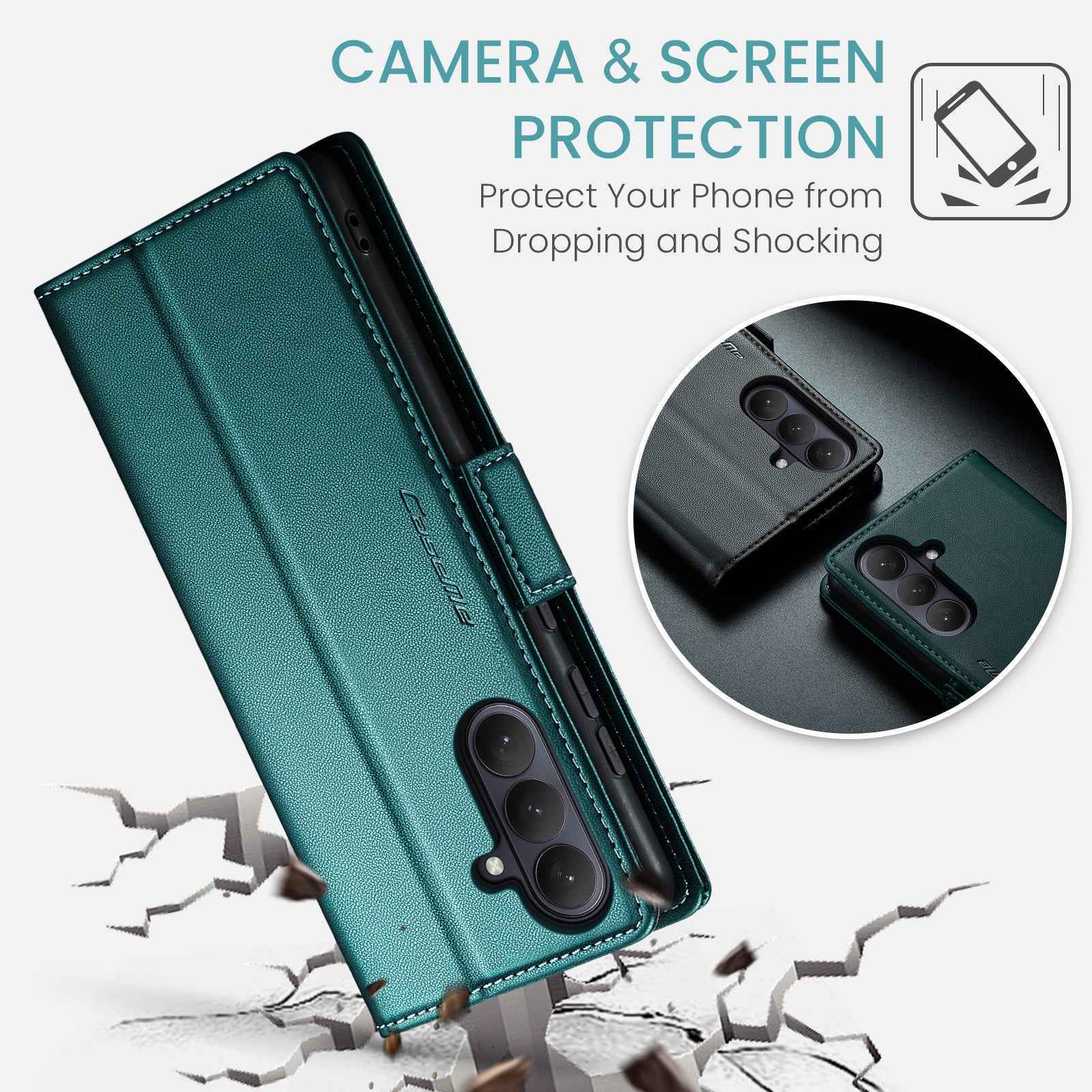 For Samsung Galaxy A57 5G Case CASEME 023 Series RFID Blocking Wallet Stand Glossy Litchi Texture Leather Phone Cover - Green