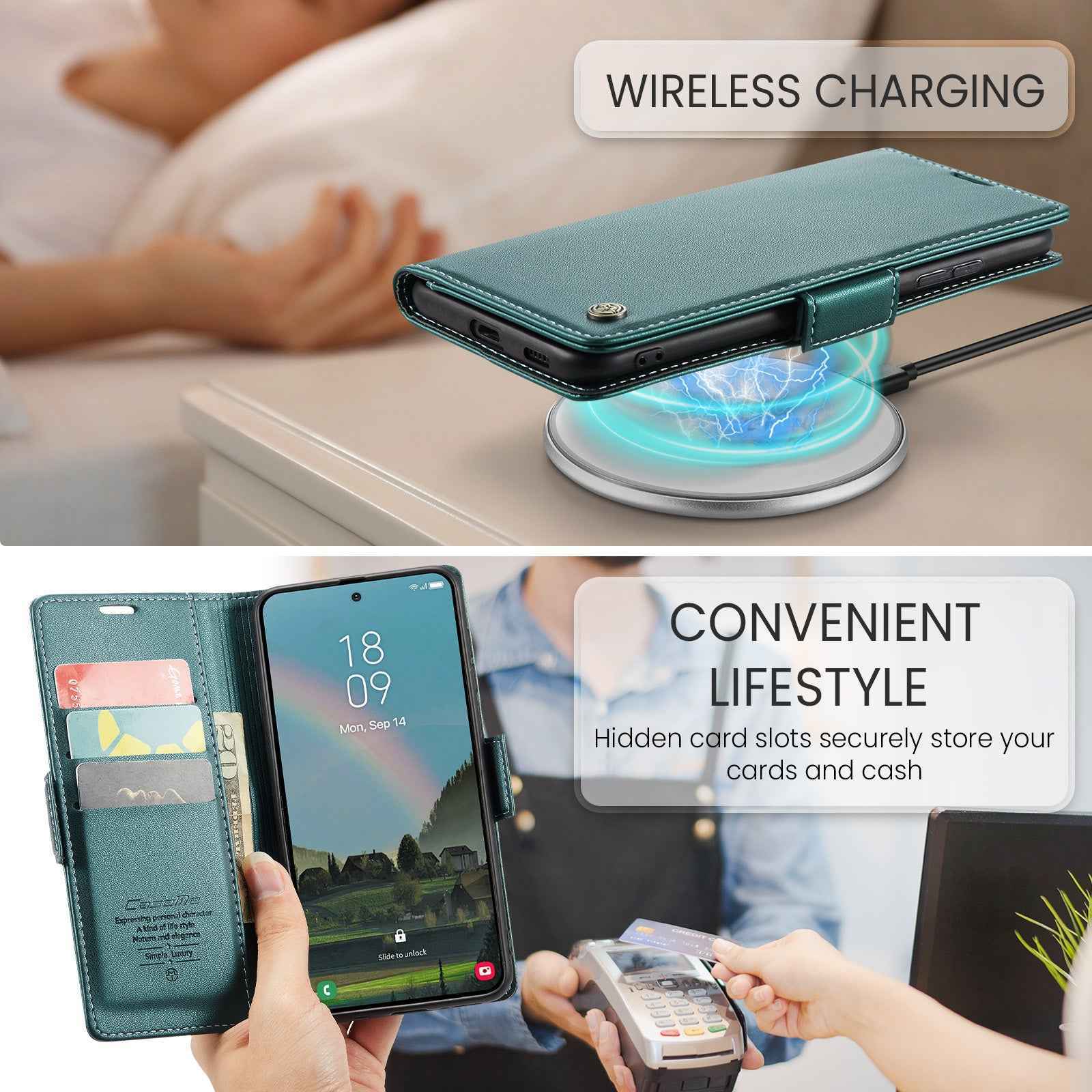 For Samsung Galaxy A57 5G Case CASEME 023 Series RFID Blocking Wallet Stand Glossy Litchi Texture Leather Phone Cover - Green