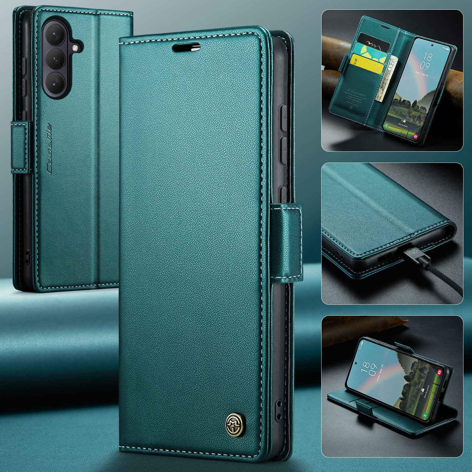 For Samsung Galaxy A57 5G Case CASEME 023 Series RFID Blocking Wallet Stand Glossy Litchi Texture Leather Phone Cover - Green