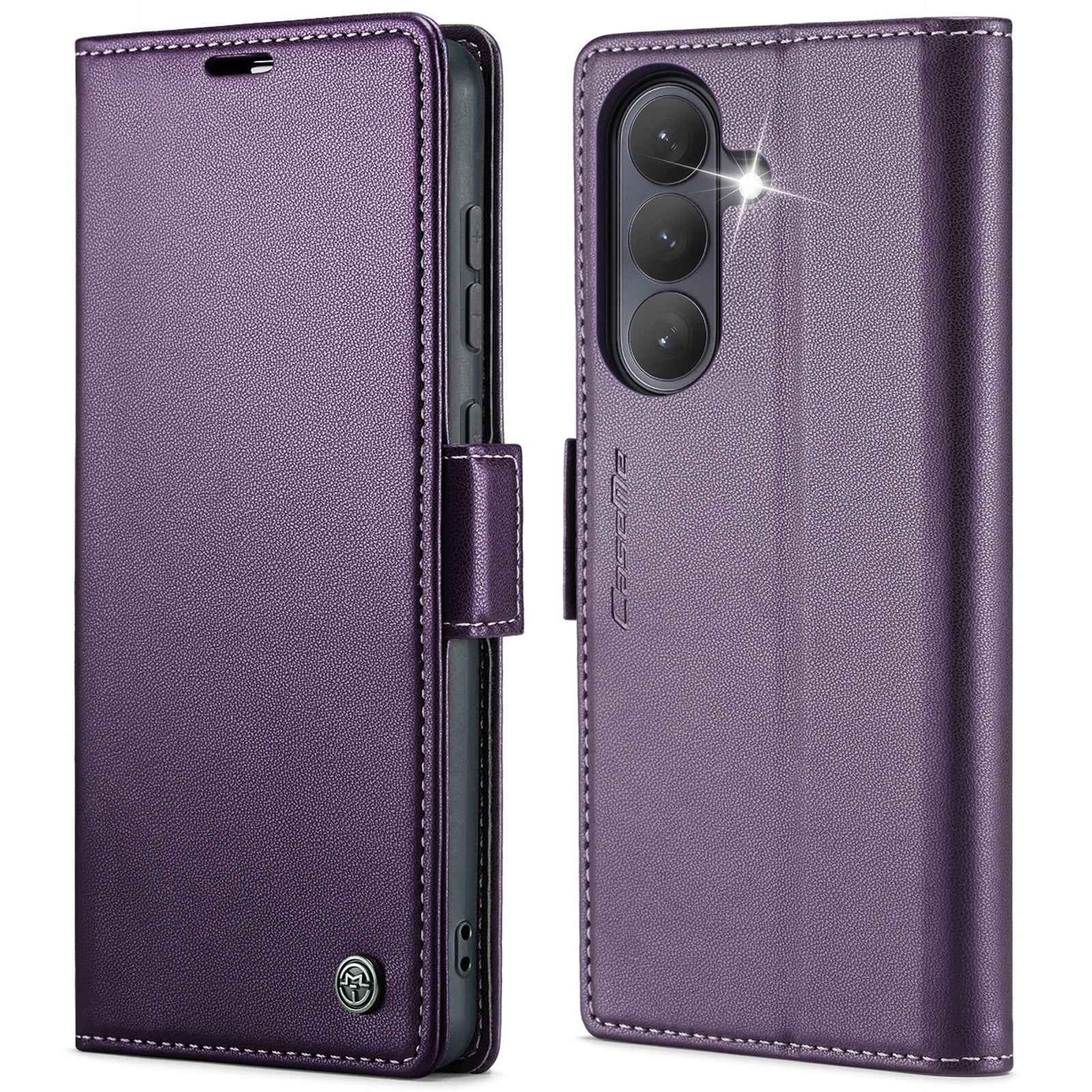 For Samsung Galaxy A57 5G Case CASEME 023 Series RFID Blocking Wallet Stand Glossy Litchi Texture Leather Phone Cover - Purple