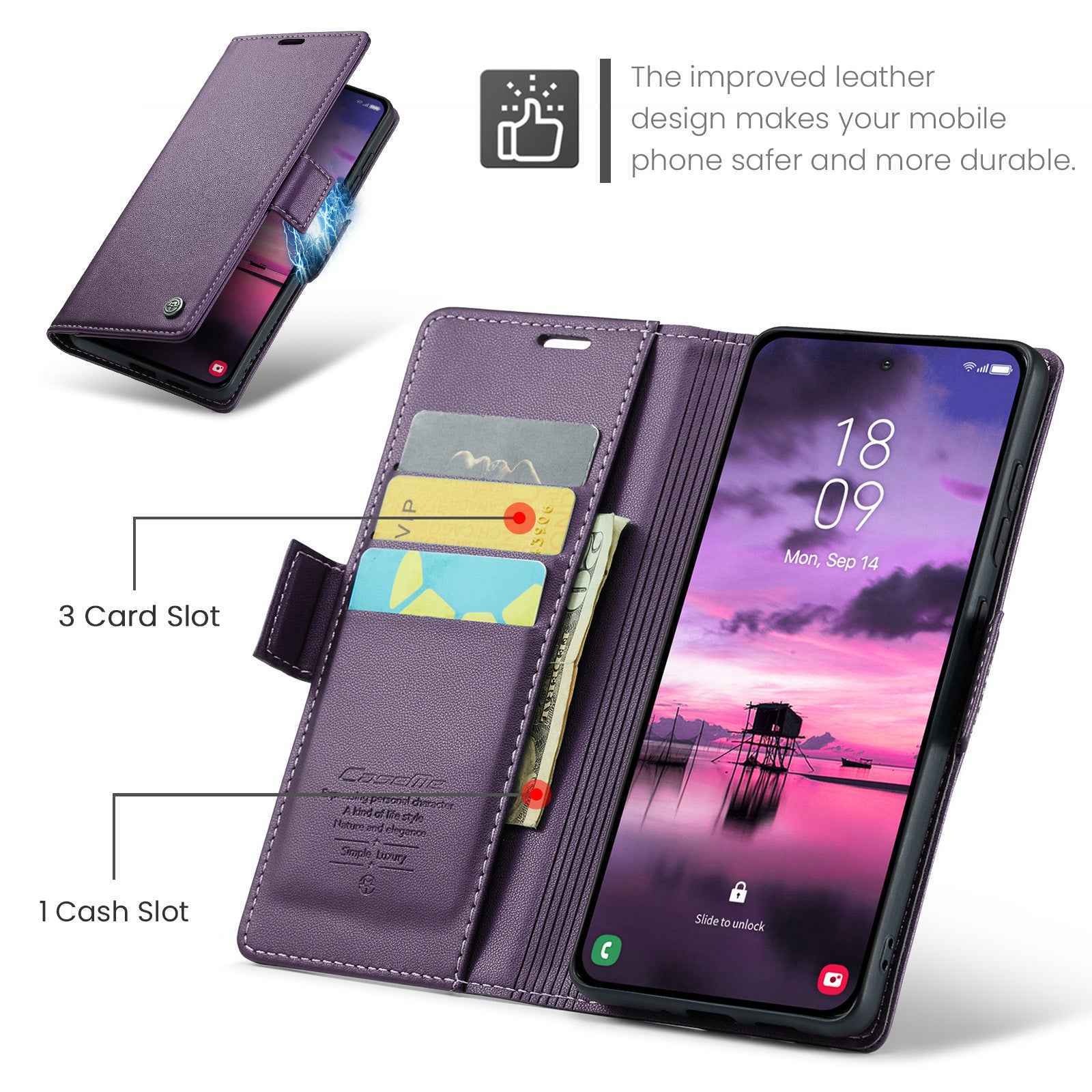 For Samsung Galaxy A57 5G Case CASEME 023 Series RFID Blocking Wallet Stand Glossy Litchi Texture Leather Phone Cover - Purple