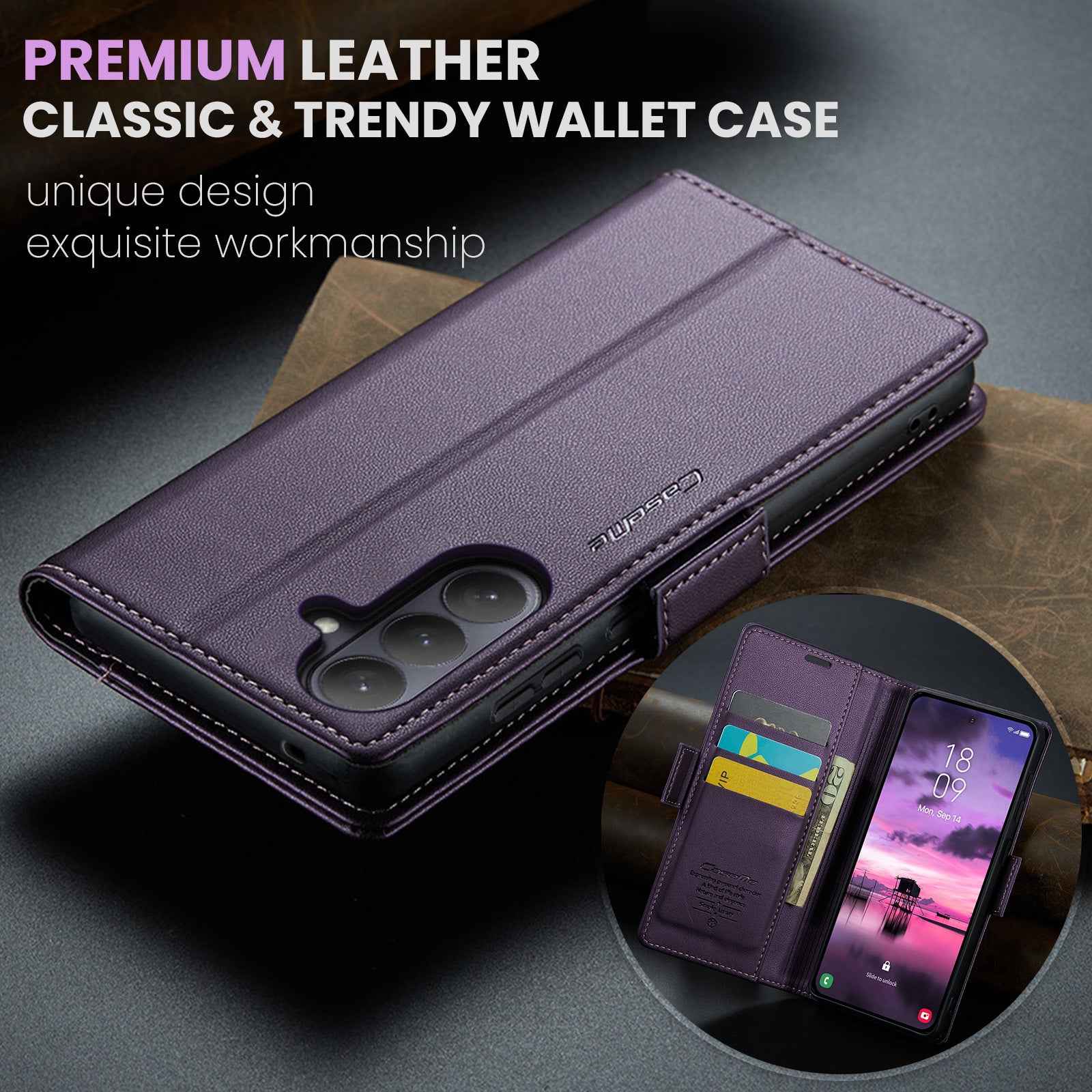 For Samsung Galaxy A57 5G Case CASEME 023 Series RFID Blocking Wallet Stand Glossy Litchi Texture Leather Phone Cover - Purple
