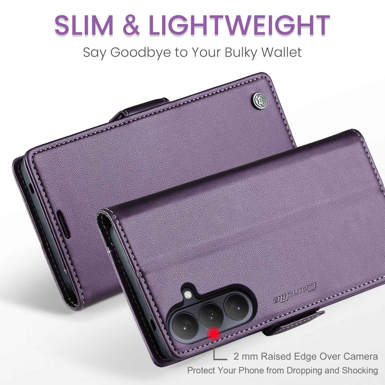 For Samsung Galaxy A57 5G Case CASEME 023 Series RFID Blocking Wallet Stand Glossy Litchi Texture Leather Phone Cover - Purple