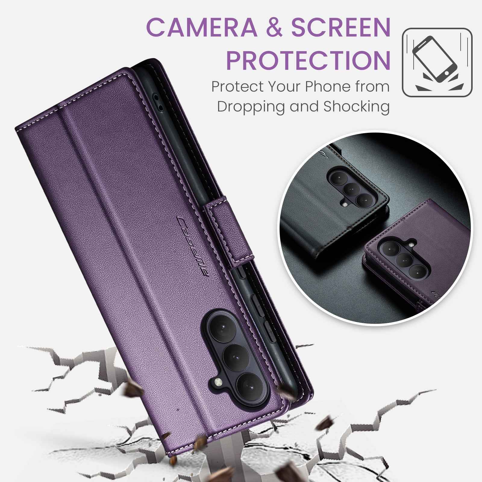For Samsung Galaxy A57 5G Case CASEME 023 Series RFID Blocking Wallet Stand Glossy Litchi Texture Leather Phone Cover - Purple
