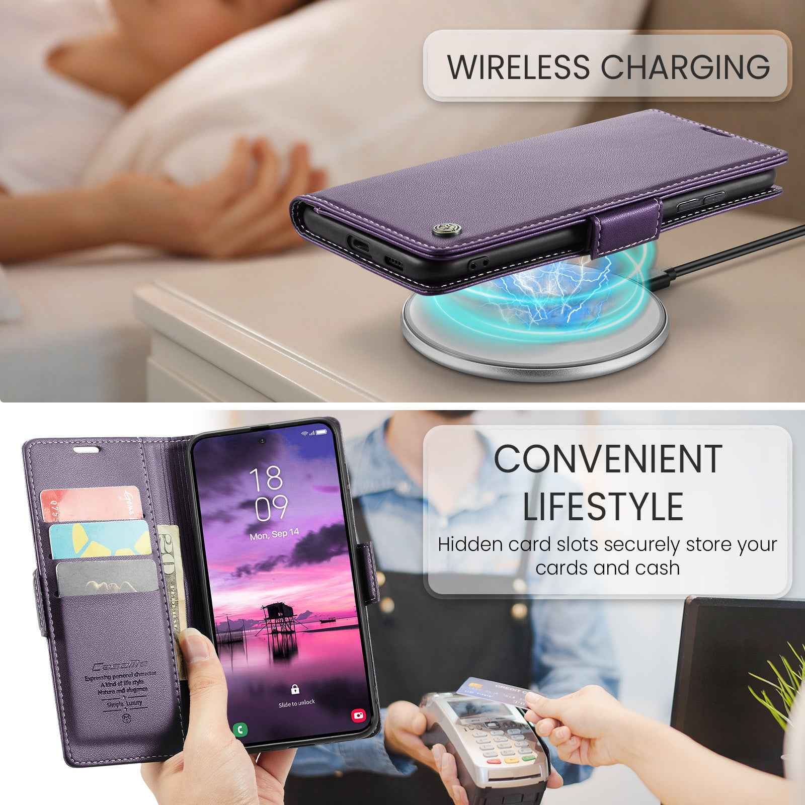 For Samsung Galaxy A57 5G Case CASEME 023 Series RFID Blocking Wallet Stand Glossy Litchi Texture Leather Phone Cover - Purple