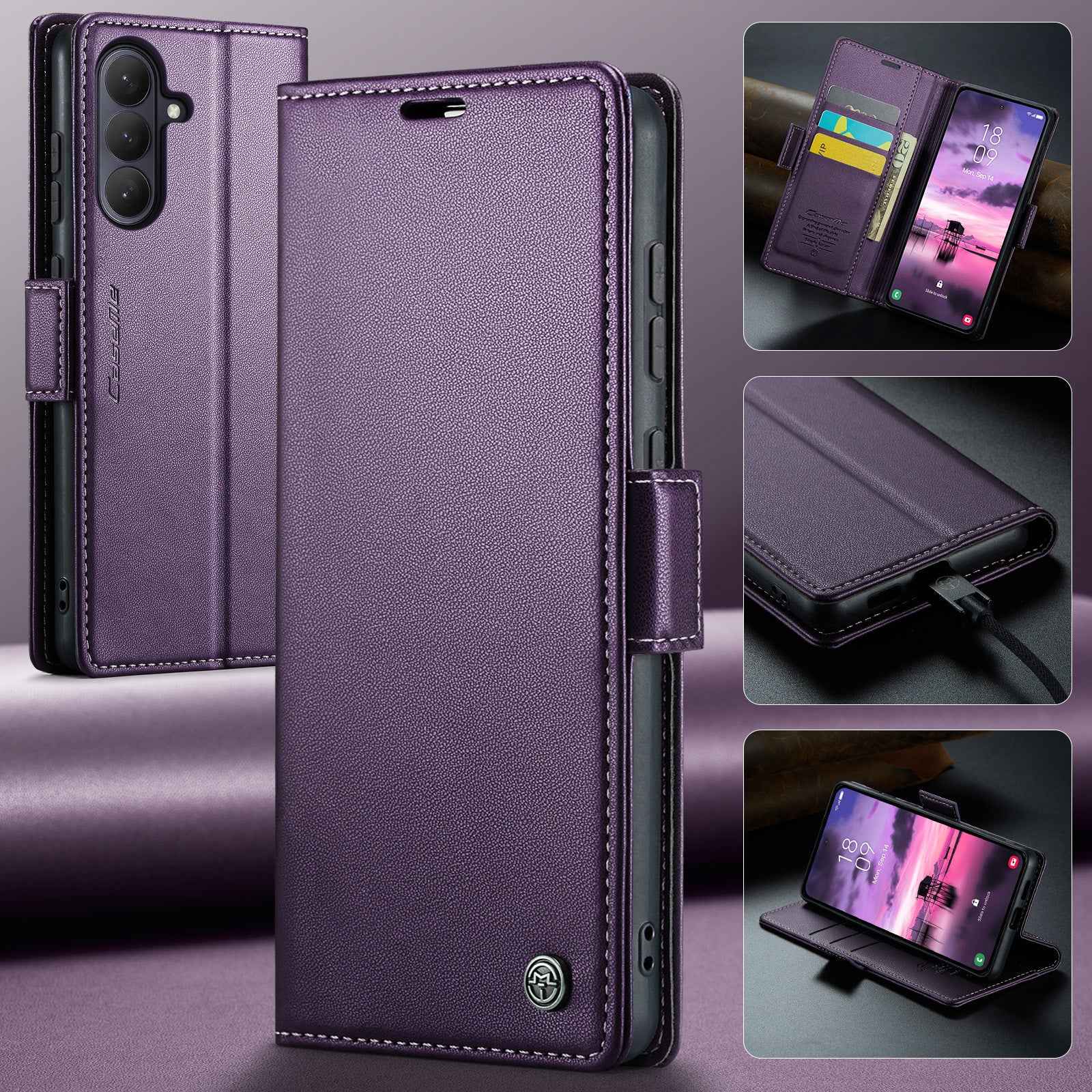 For Samsung Galaxy A57 5G Case CASEME 023 Series RFID Blocking Wallet Stand Glossy Litchi Texture Leather Phone Cover - Purple