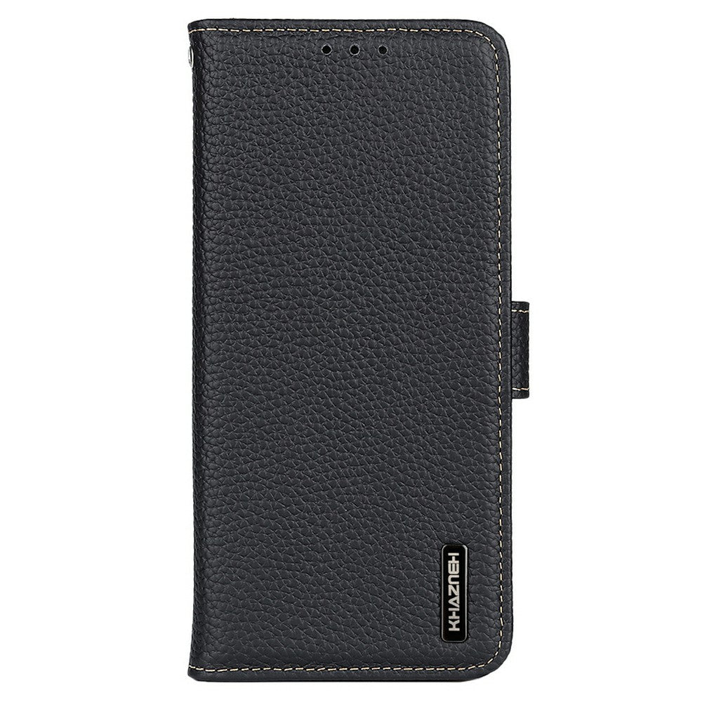 KHAZNEH For Xiaomi Redmi Note 15 Pro 4G (Global) Wallet Case Litchi Texture Genuine Cow Leather Flip Phone Cover - Black