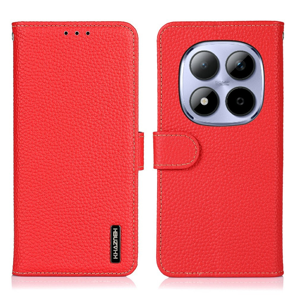 KHAZNEH For Xiaomi Redmi Note 15 Pro 4G (Global) Wallet Case Litchi Texture Genuine Cow Leather Flip Phone Cover - Red